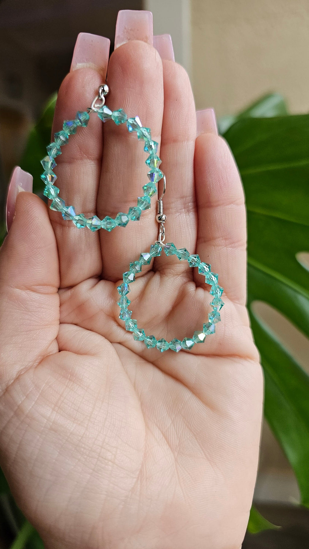 Czech Glass Iridescent Turquoise Beaded Hoop Earrings