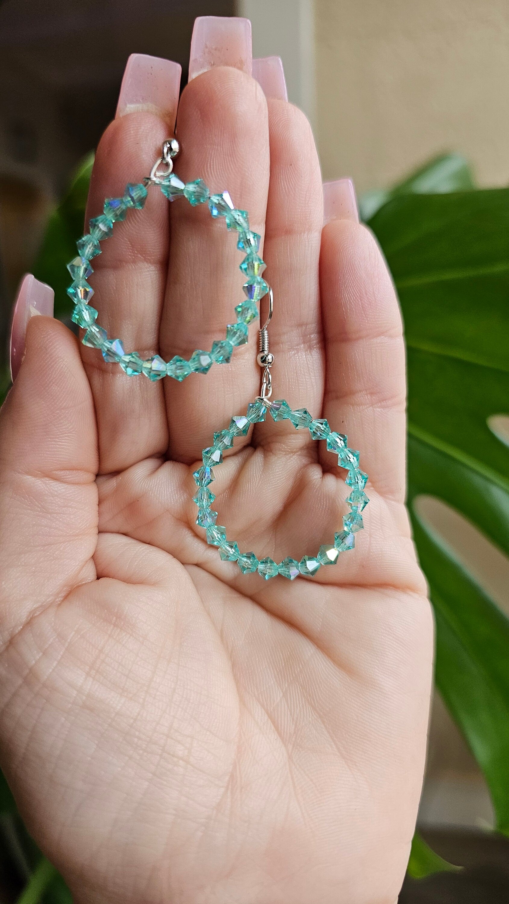 Czech Glass Iridescent Turquoise Beaded Hoop Earrings