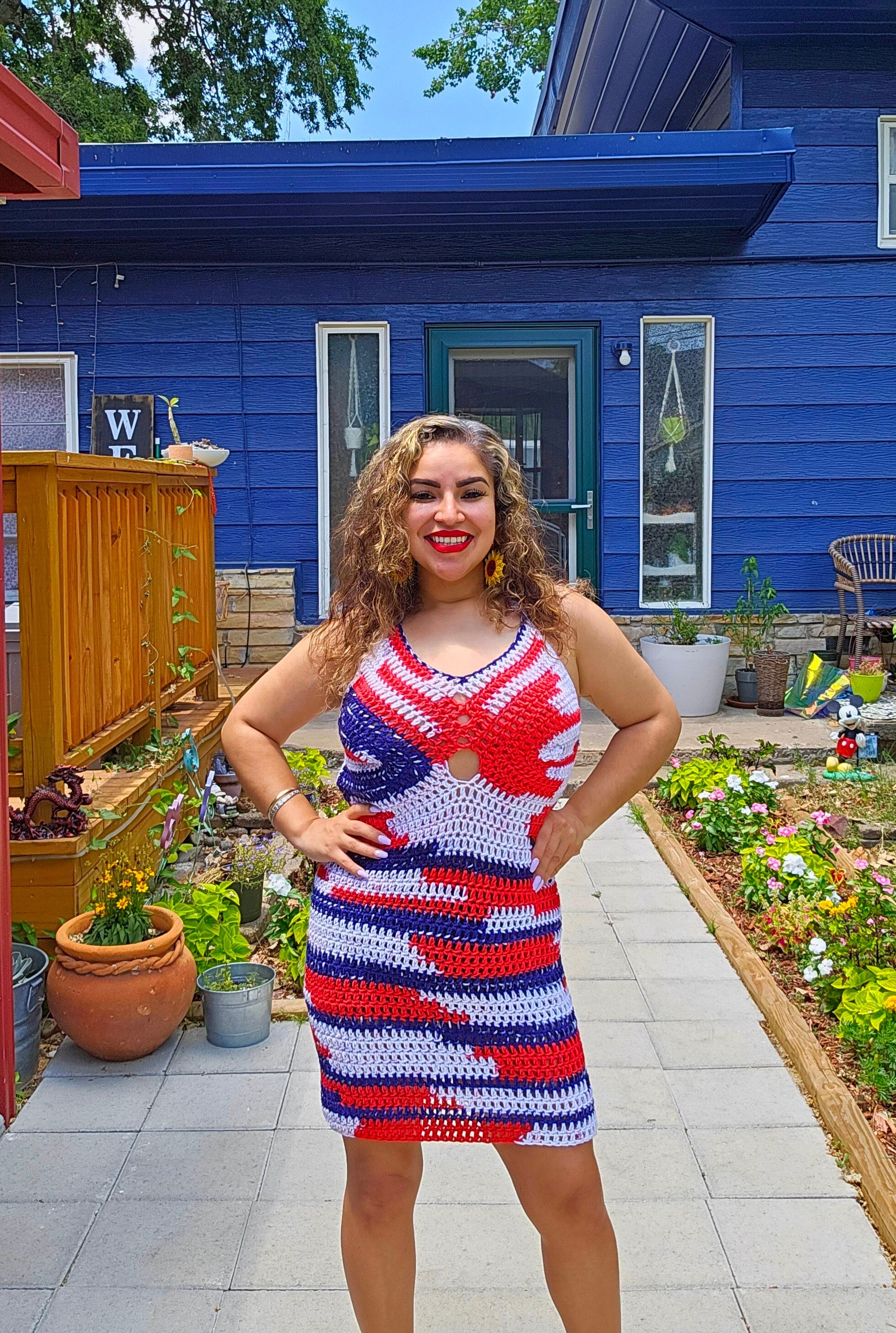 Crochet 'Merica Mini Dress: Adjustable Cup, Stretchy Acrylic