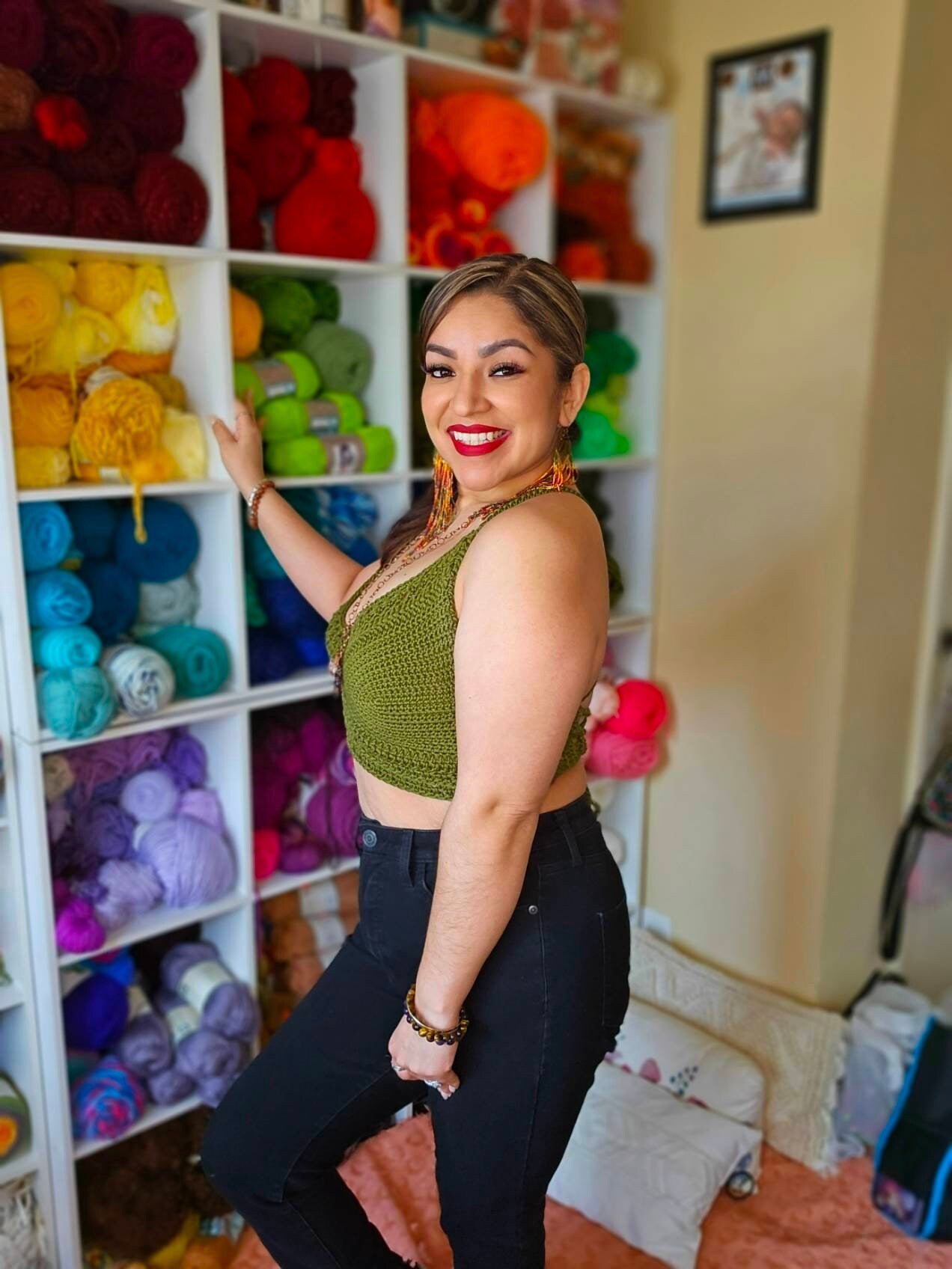 Olive Crochet Halter Top: 100% Cotton