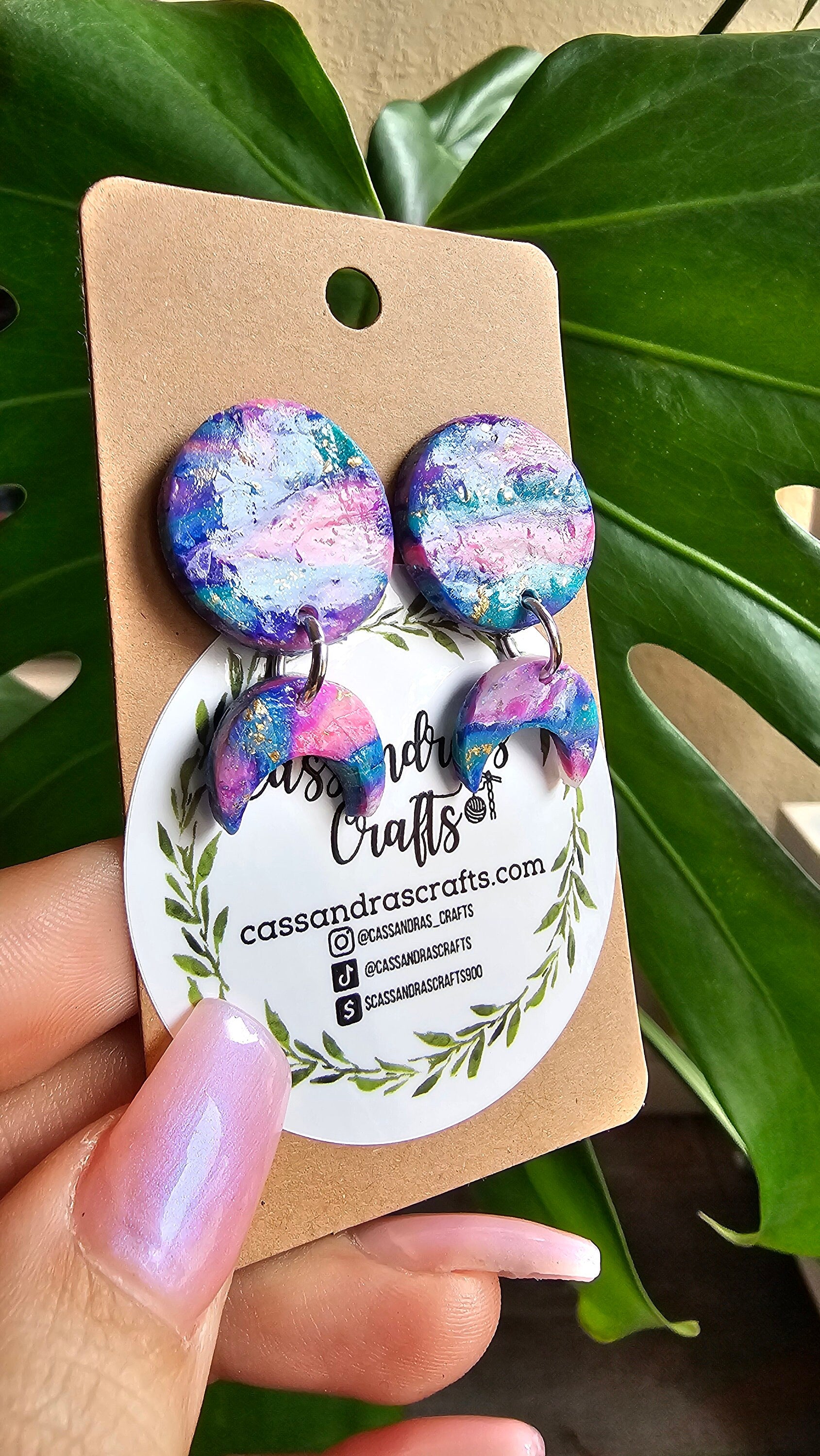 Polymer Clay Teal Pink Moon Earrings