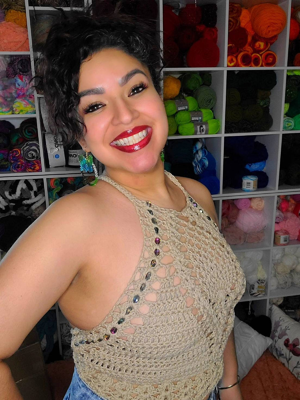 Crochet Beaded Halter Top: Tan Cotton, Size Medium