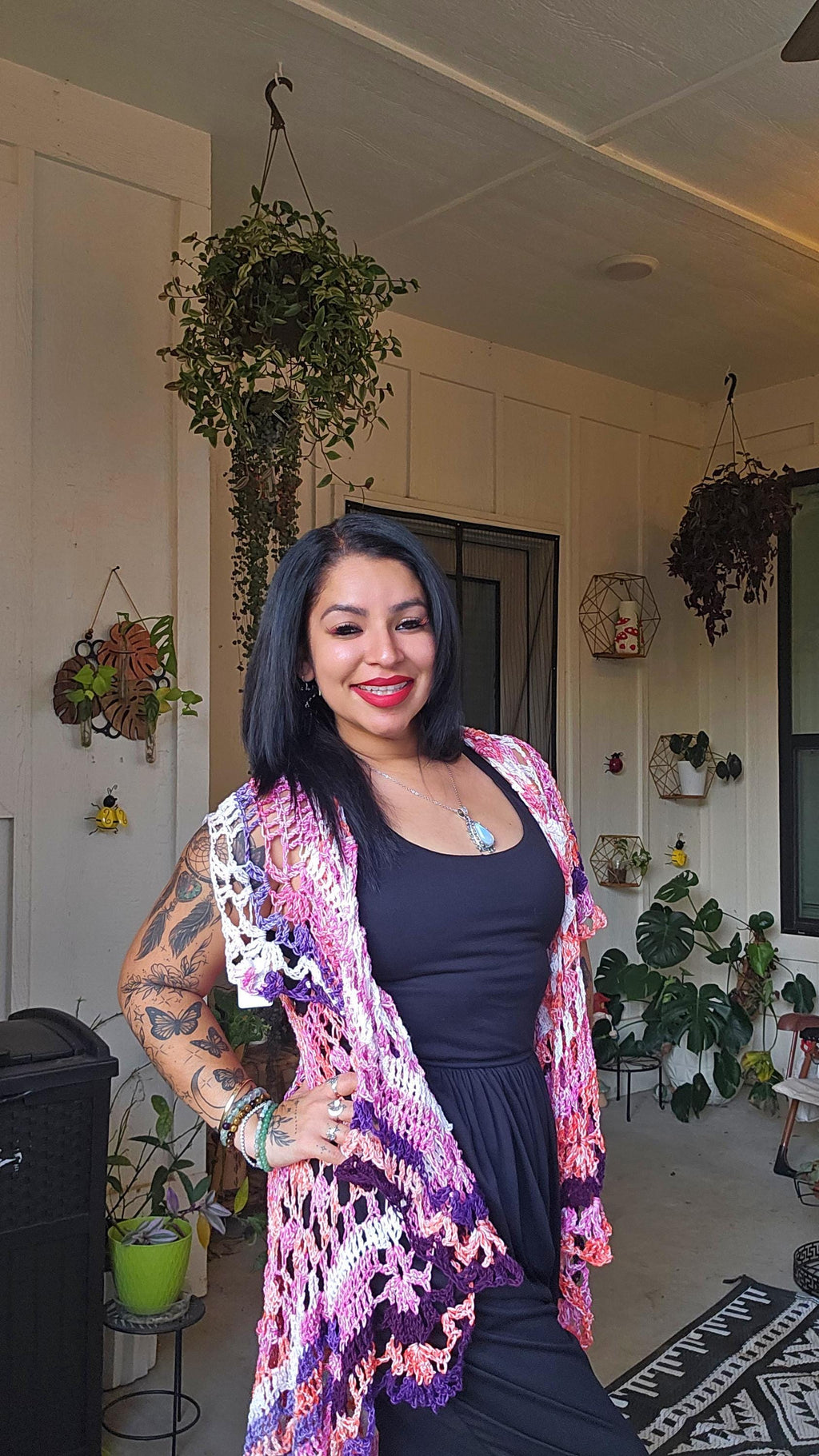 Crochet Bohemian Vest: Pink Purple Kimono Shawl