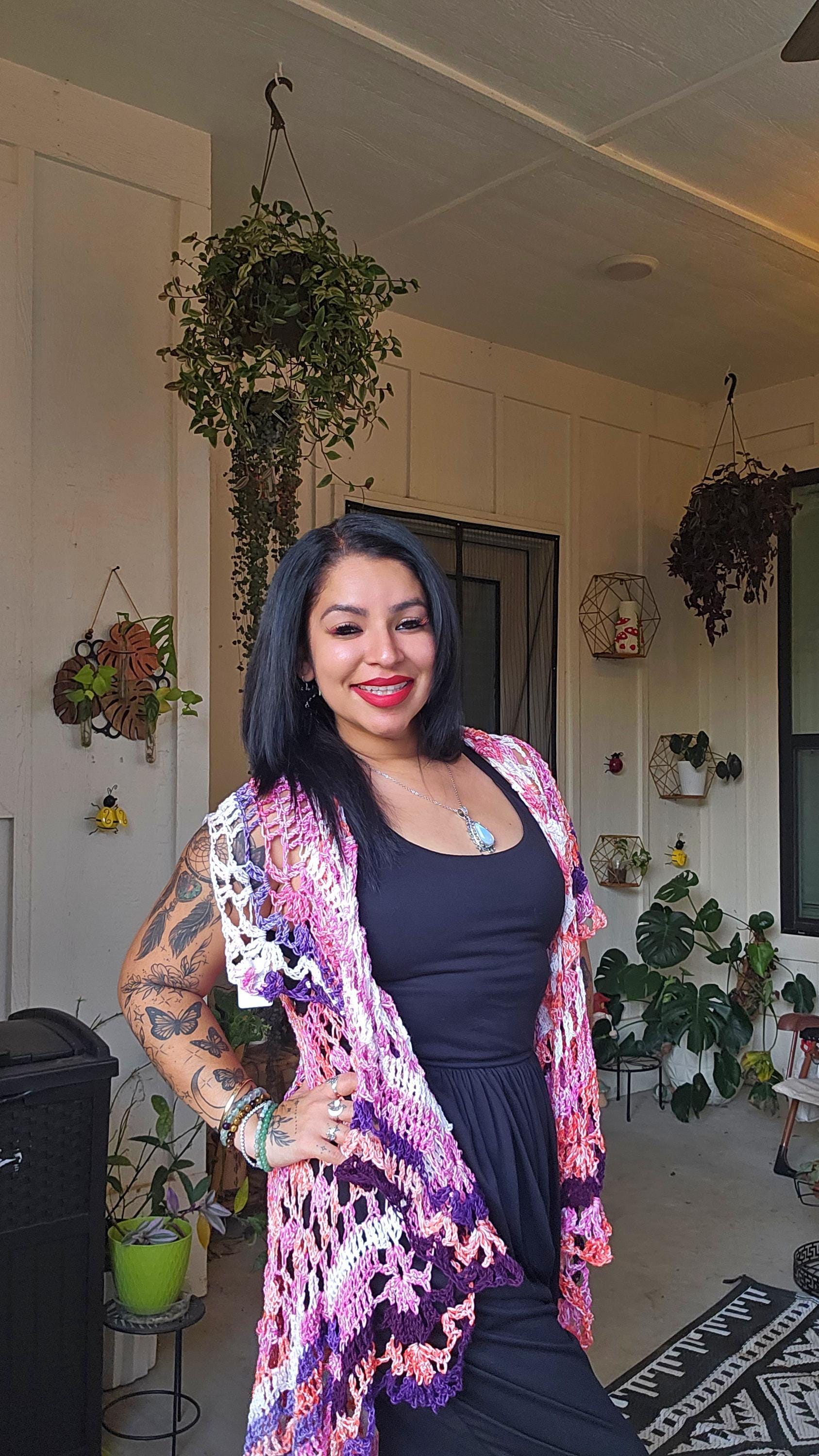 Crochet Bohemian Vest: Pink Purple Kimono Shawl