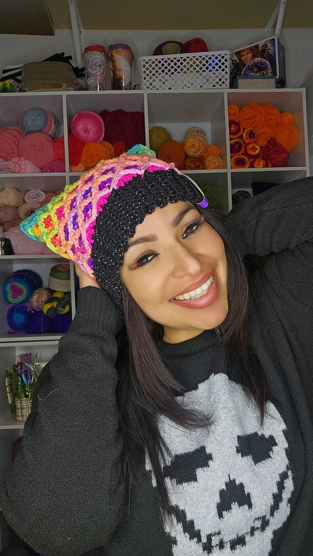 Neon Pink Kitty Beanie, Metallic Crochet Cat Hat