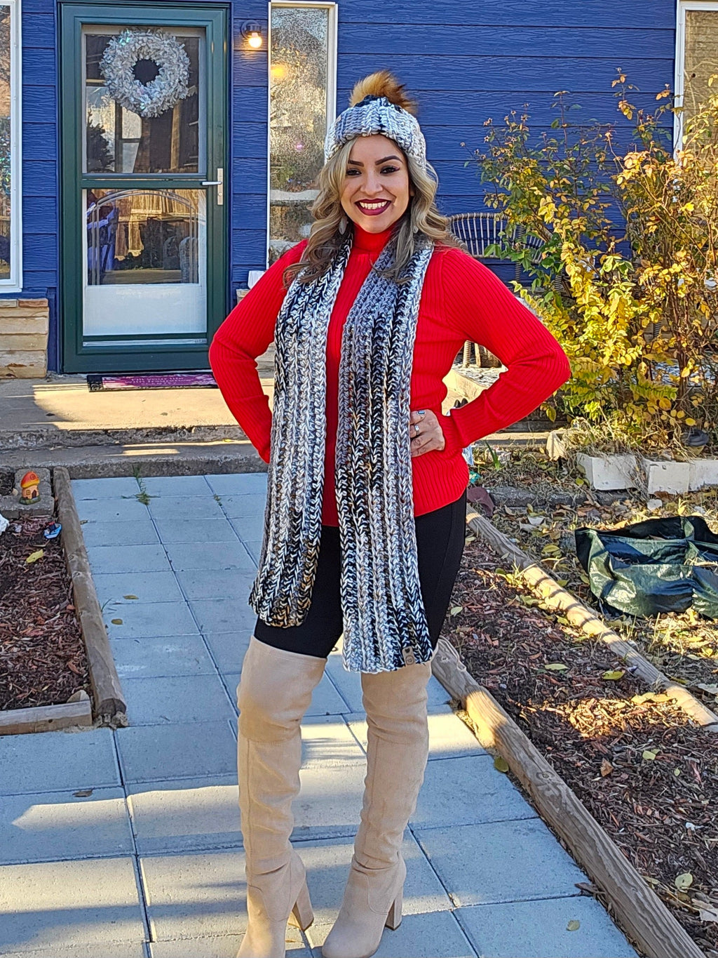 Chunky Crochet Scarf and Matching Beanie with Acrylic Pom