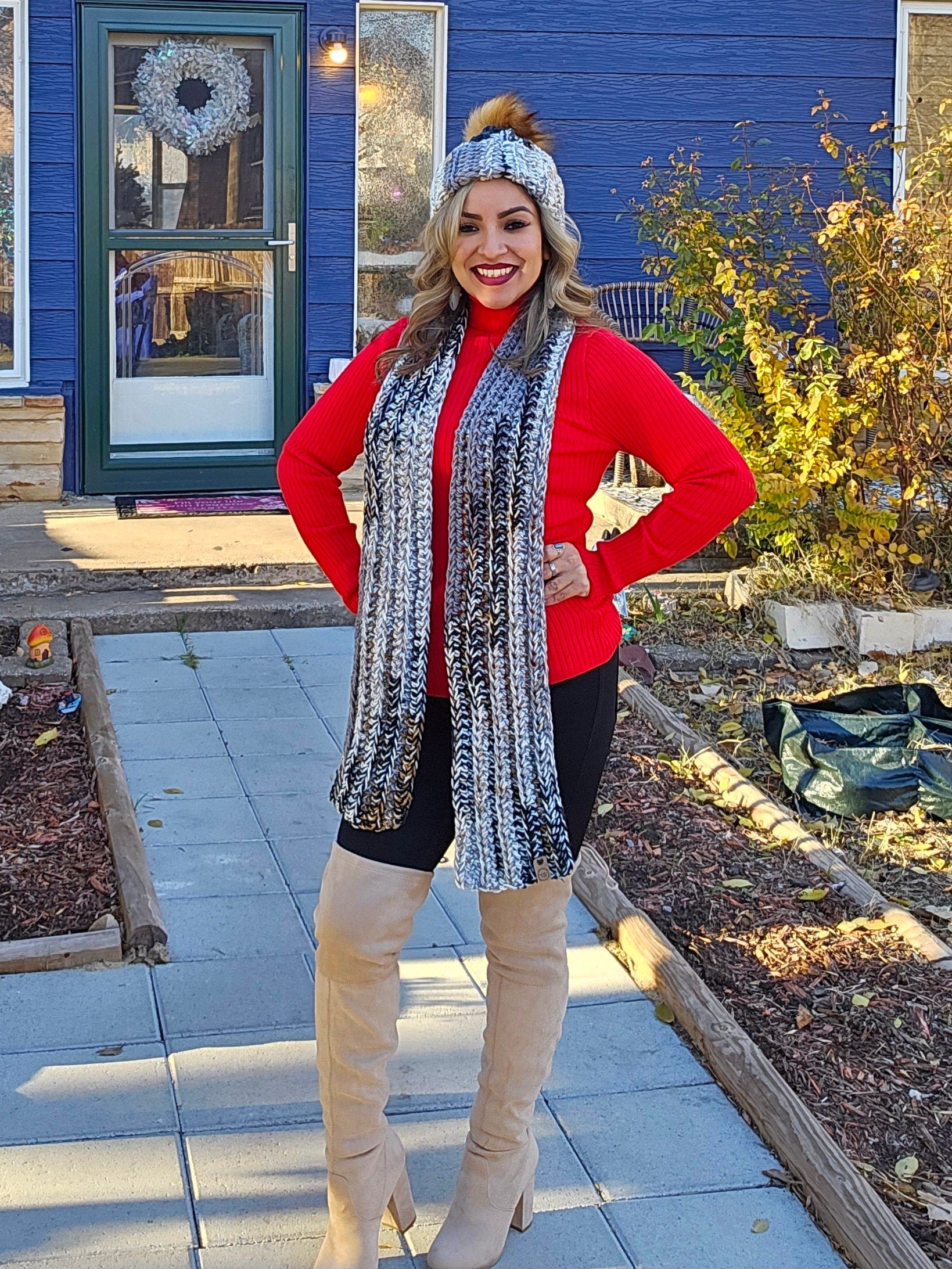 Chunky Crochet Scarf and Matching Beanie with Acrylic Pom
