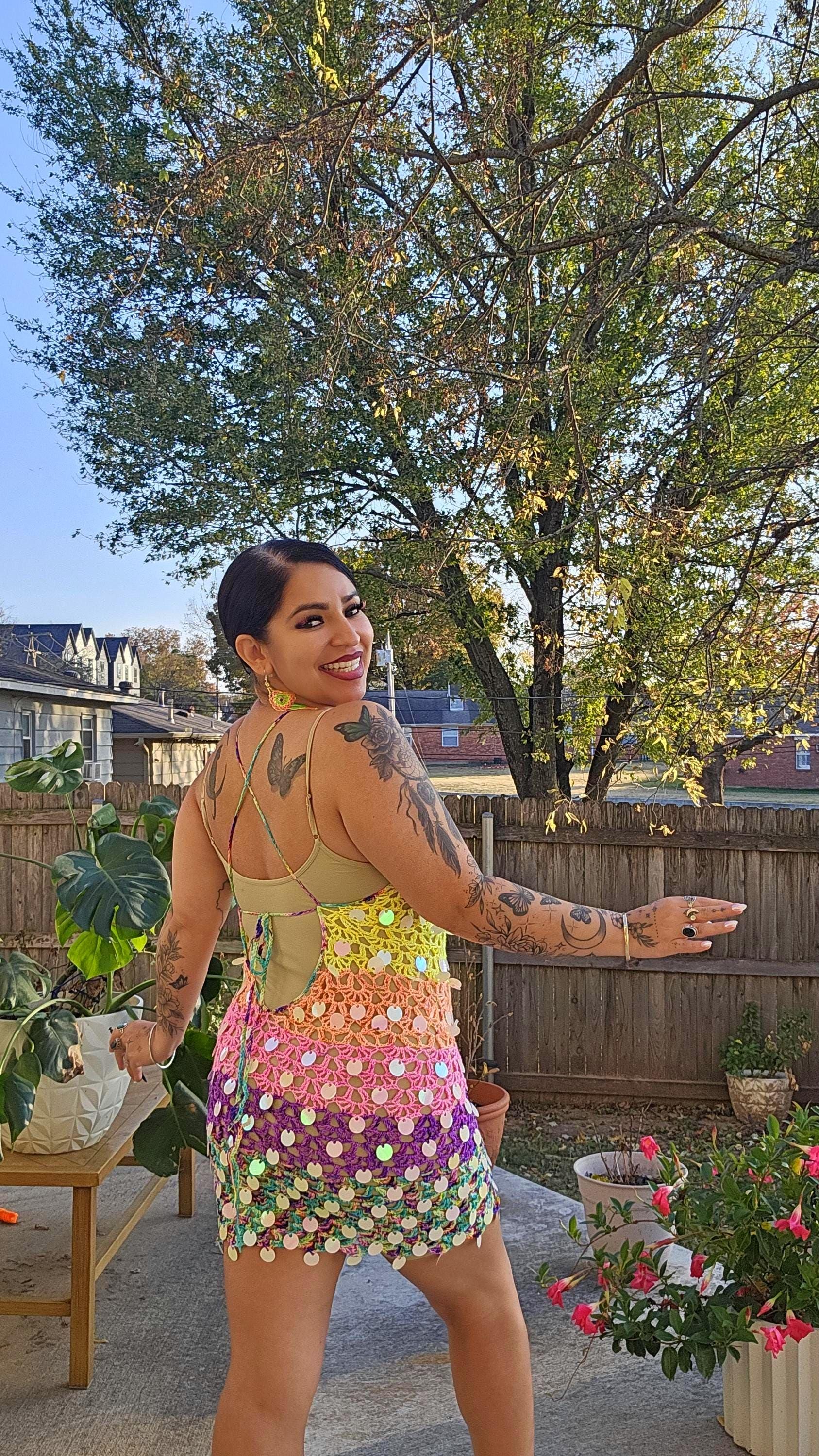 Crochet Astra Mini Dress with holographic sequins