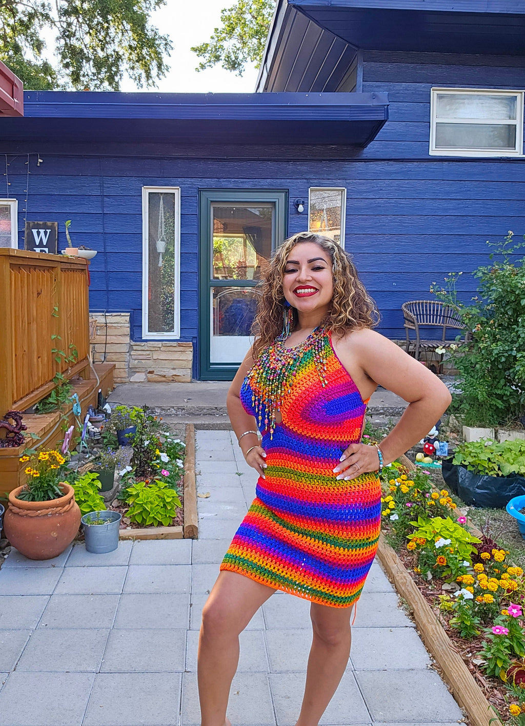 Crochet Rainbow Mini Dress: Adjustable Cup Size, Acrylic Yarn