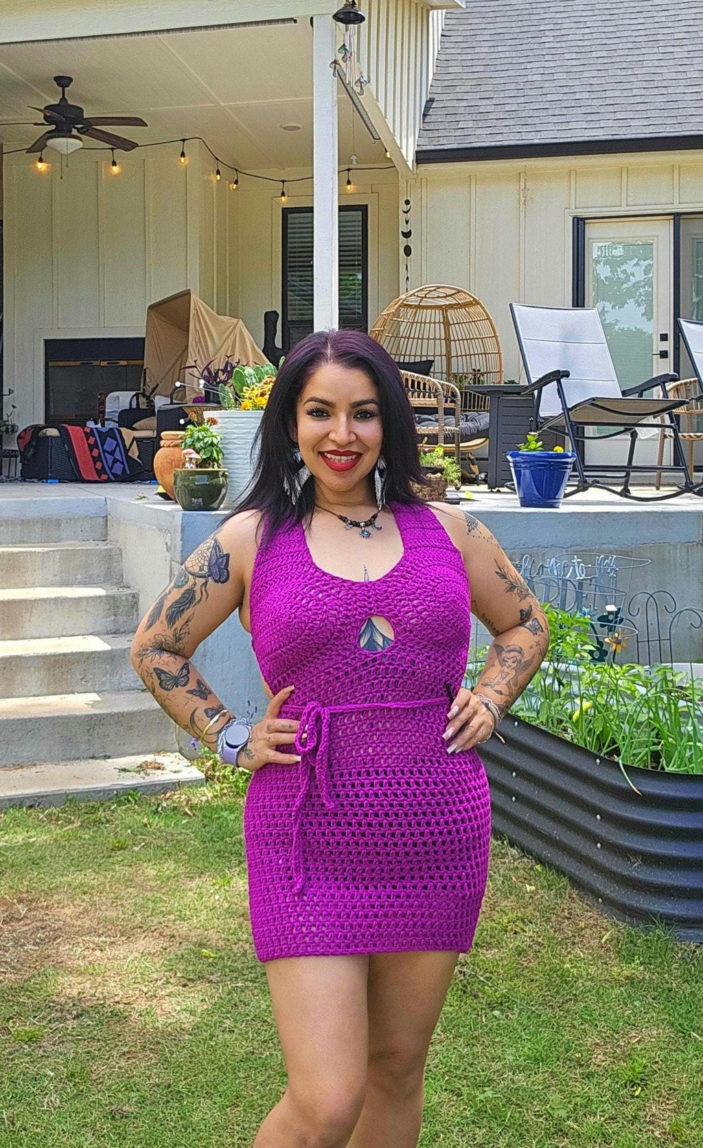 Crochet Mini Dress: Berry Purple Acrylic, Size Small/Medium