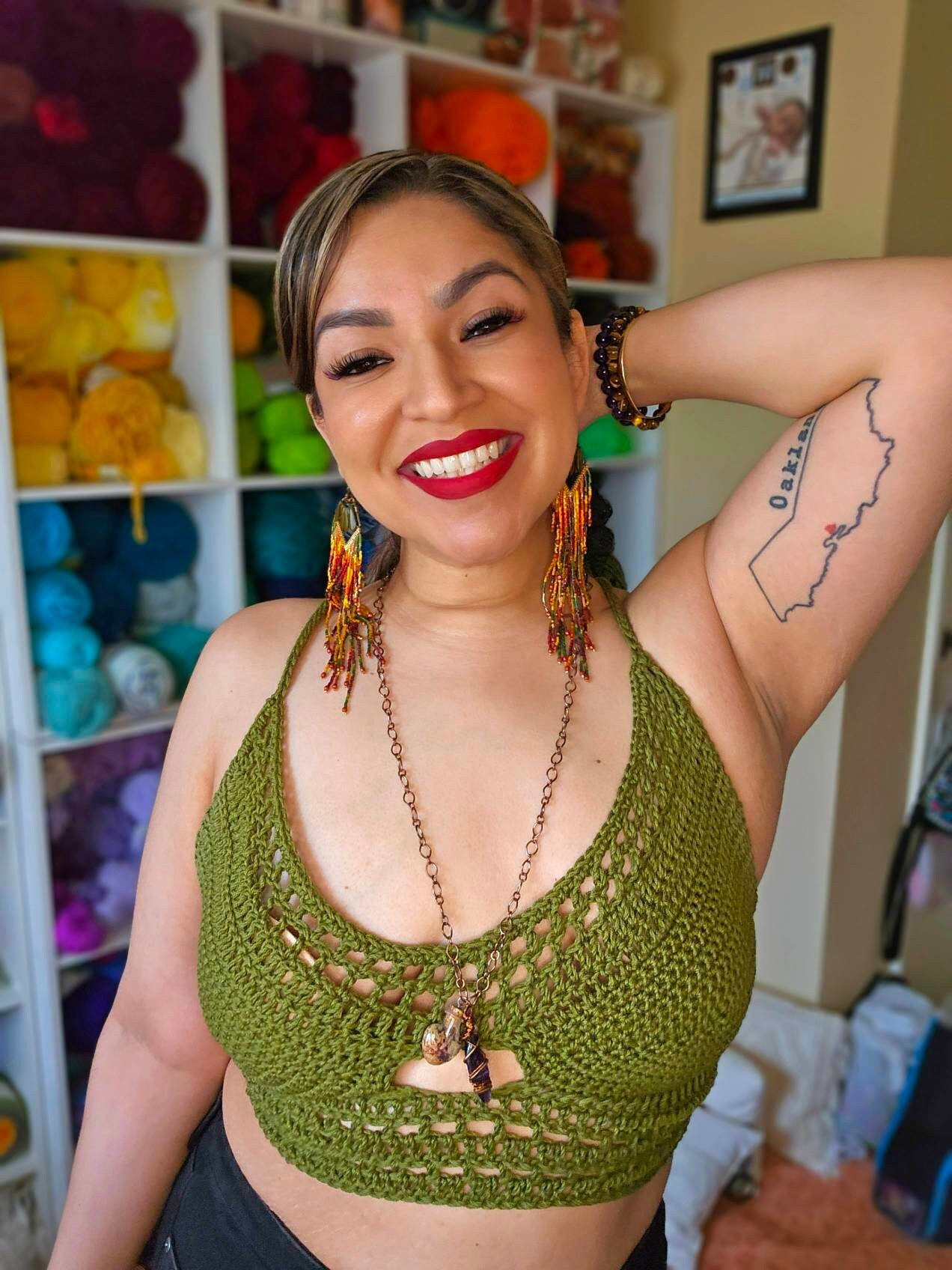 Olive Crochet Halter Top: 100% Cotton