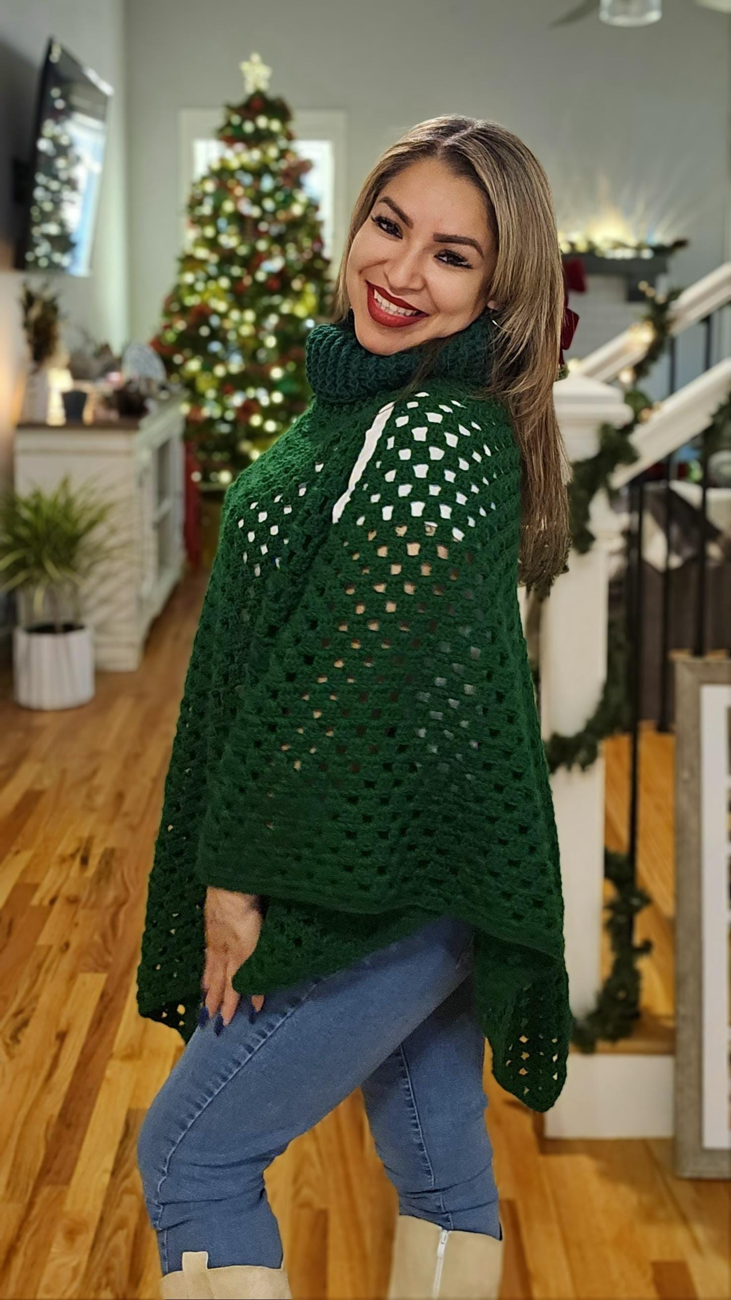 Crochet Open Shoulder Poncho: Wintergreen Acrylic, Size M/L