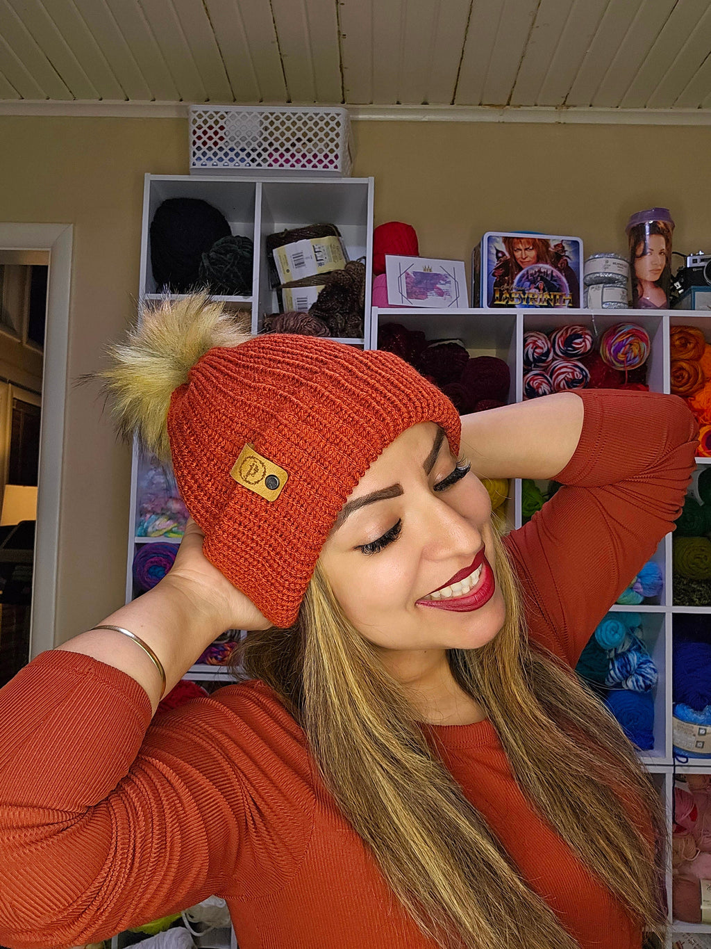 Knit Terra Cotta Beanie: Acrylic Yarn, Removable Pom