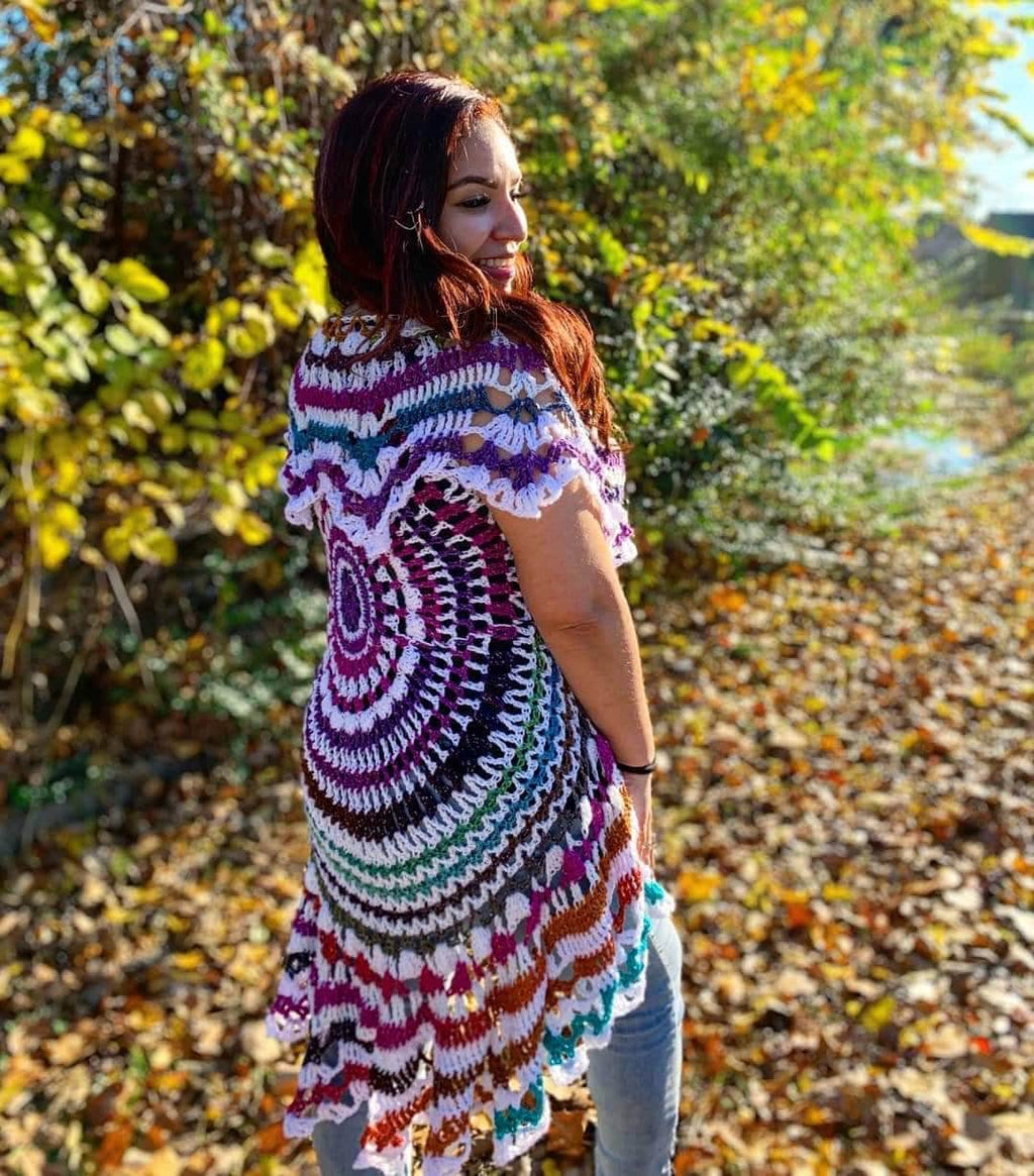Crochet Rainbow Vest: Bohemian Sparkle Yarn Shawl (52"x52")