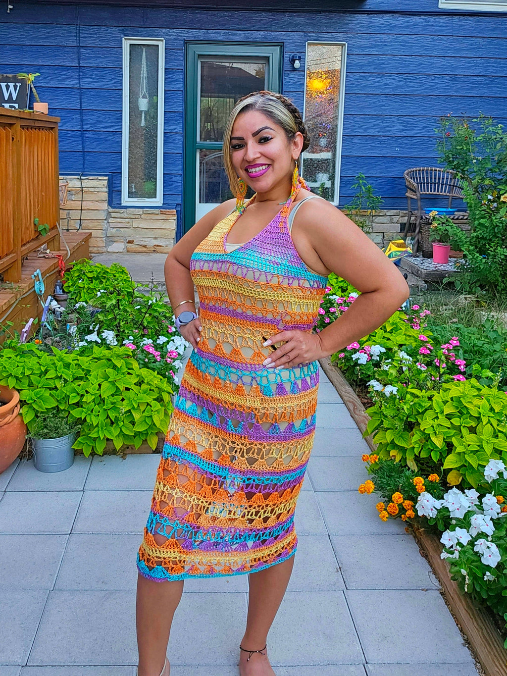 Crochet Sheer Halter Maxi Dress: Teal, Purple, Orange, Yellow - Size Medium