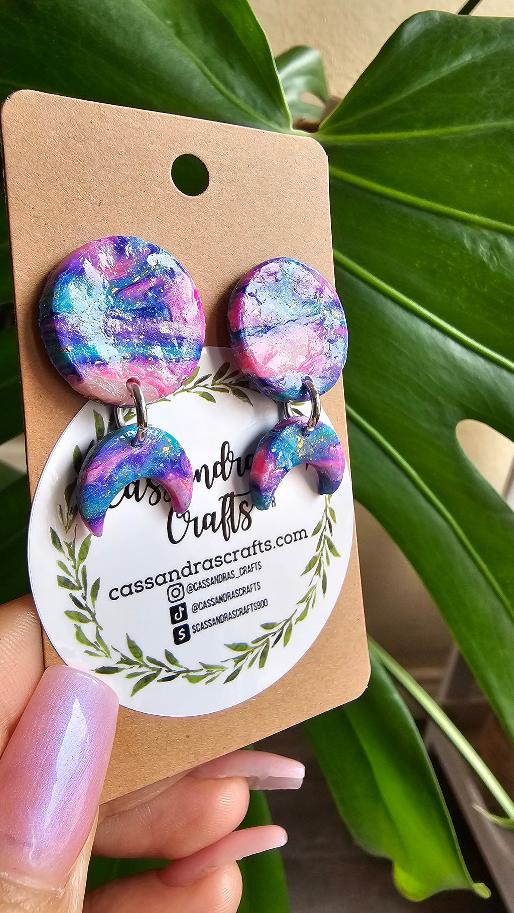Polymer Clay Teal Pink Moon Earrings