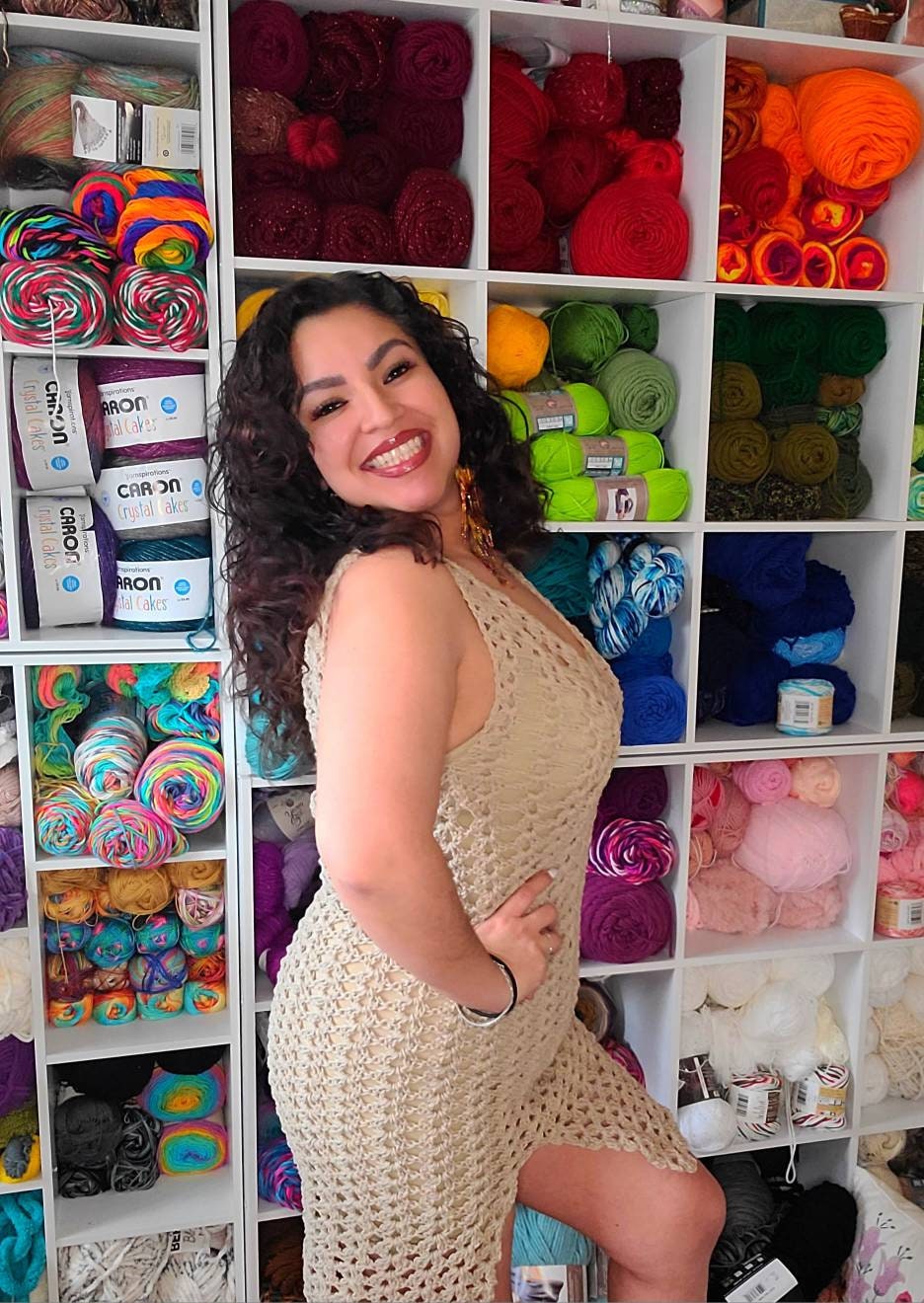 Crochet Dress: Sandy Cheeks Tan Cotton, Women's Size Large