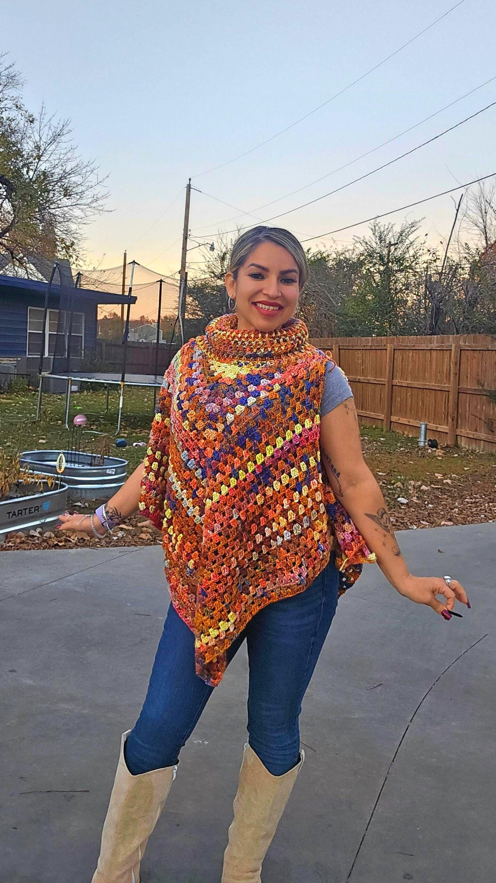 Crochet Open Shoulder Poncho: Orange Spice Fall Colors, M/L