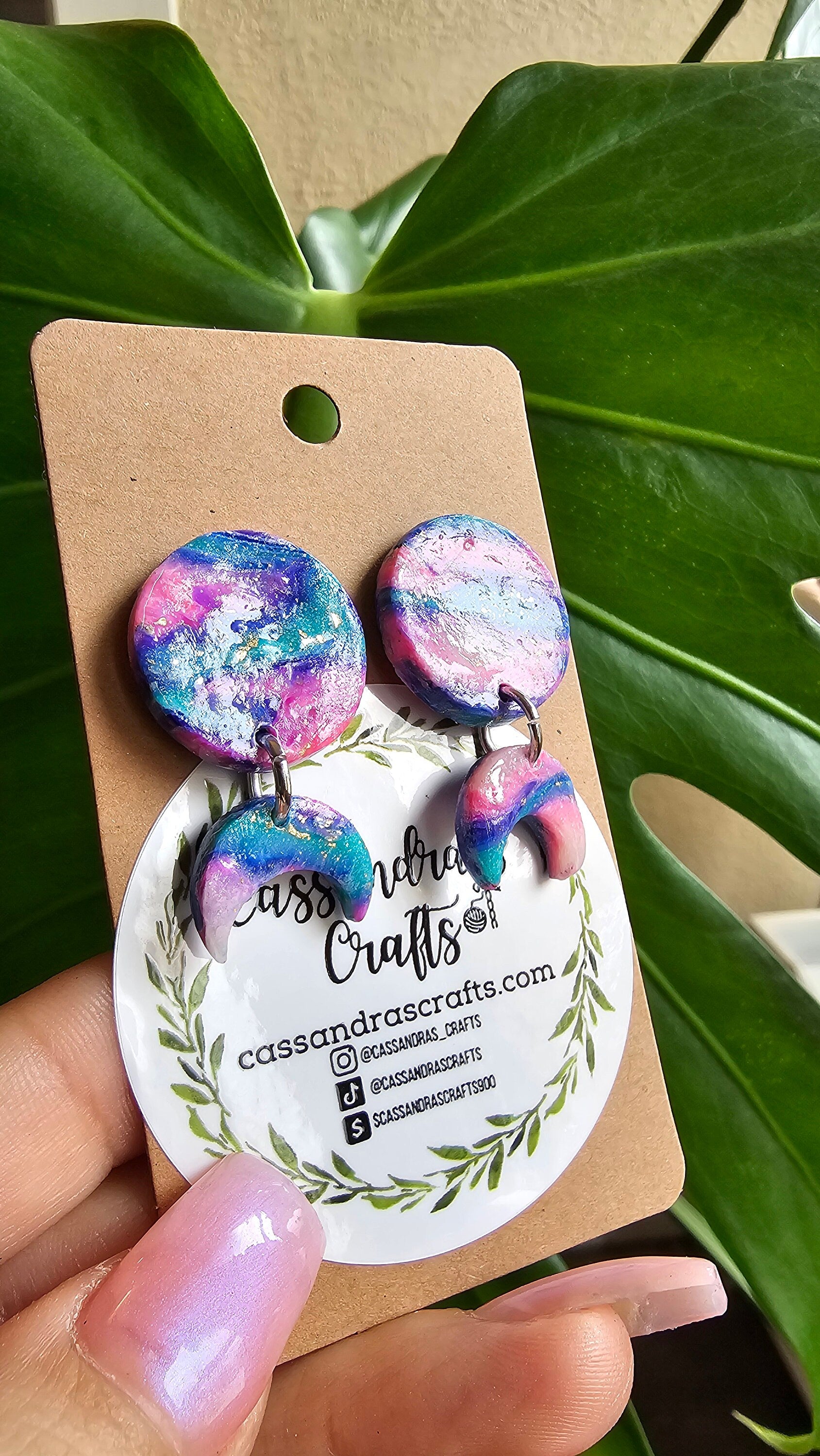 Polymer Clay Teal Pink Moon Earrings