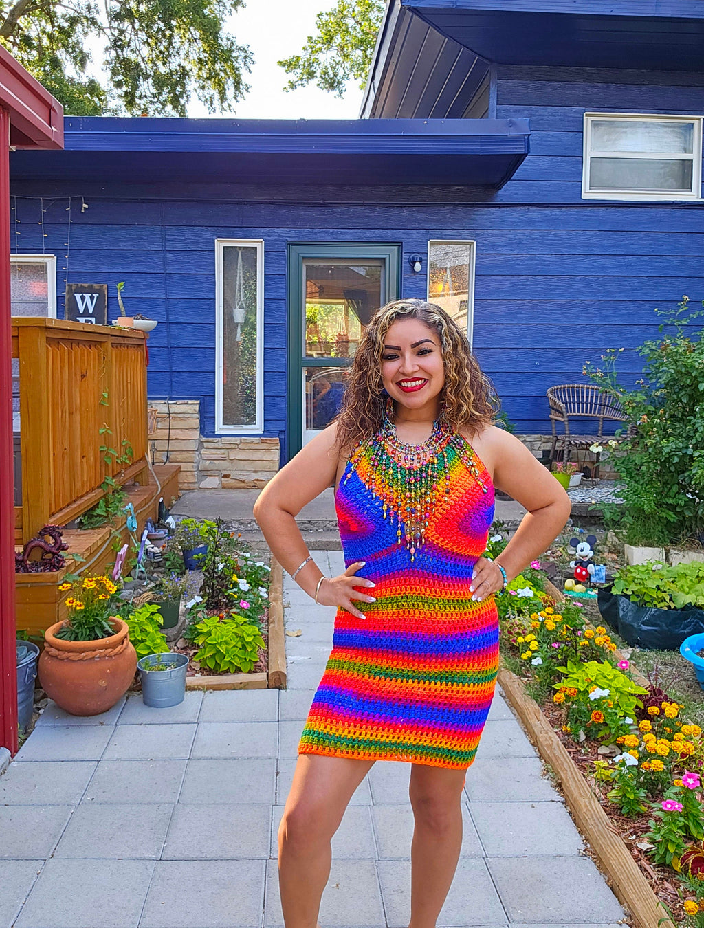 Crochet Rainbow Mini Dress: Adjustable Cup Size, Acrylic Yarn