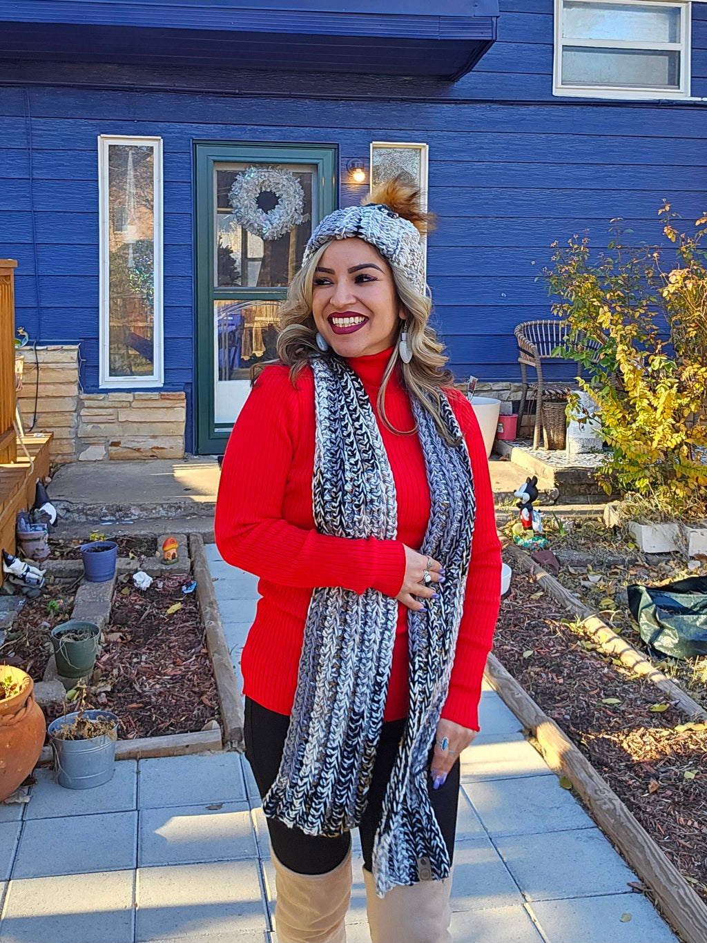 Chunky Crochet Scarf and Matching Beanie with Acrylic Pom