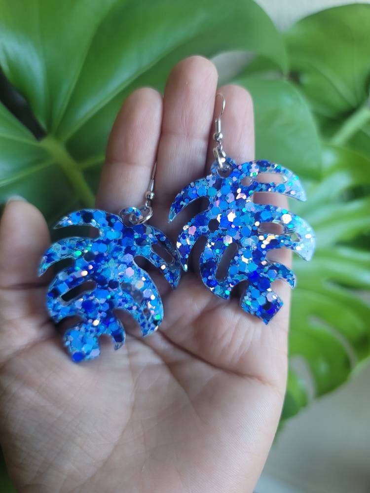 Epoxy Resin Monstera Light Blue Glitter Leaf Earrings