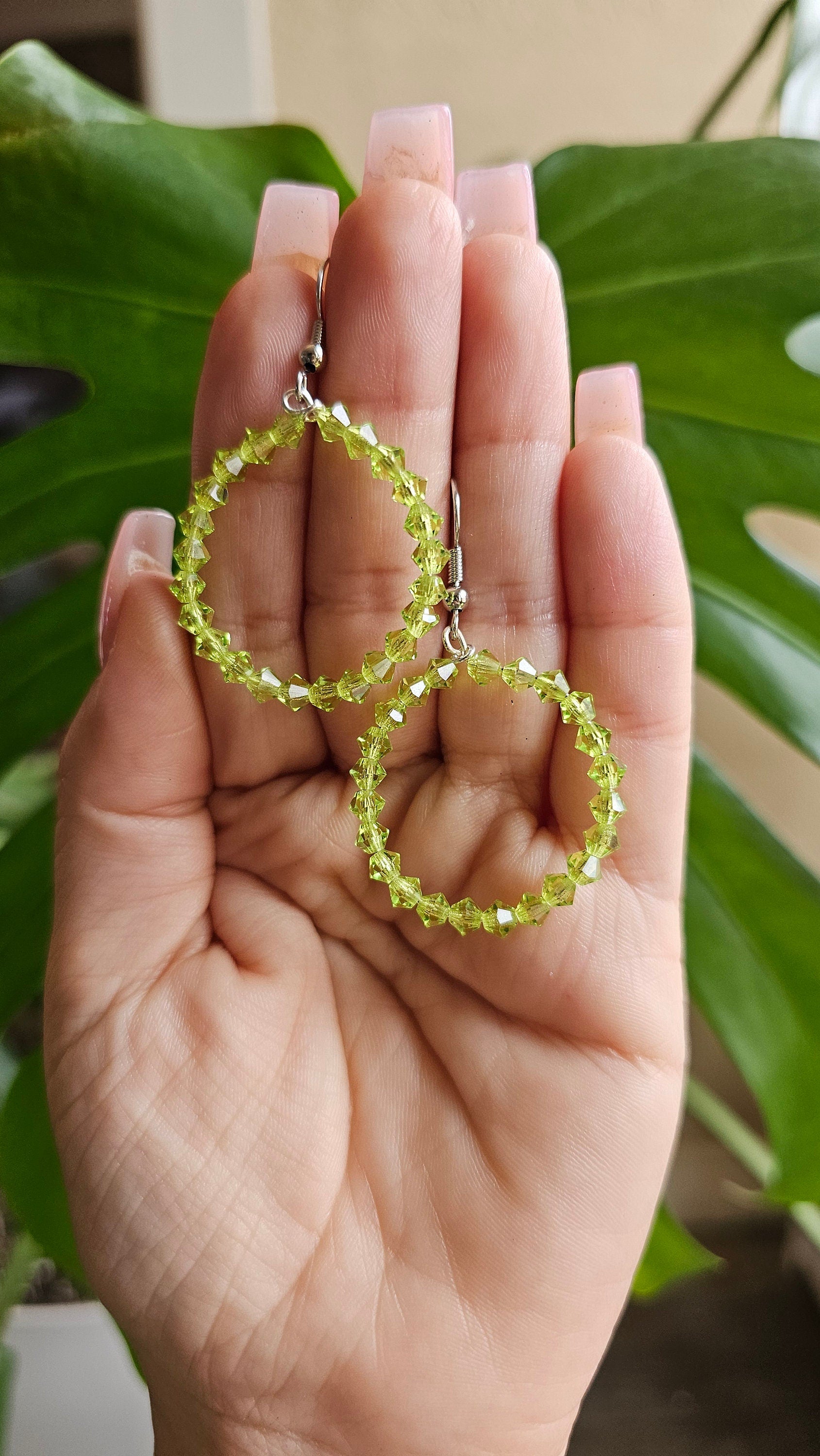 Czech Glass Green Beaded Hoop Earrings