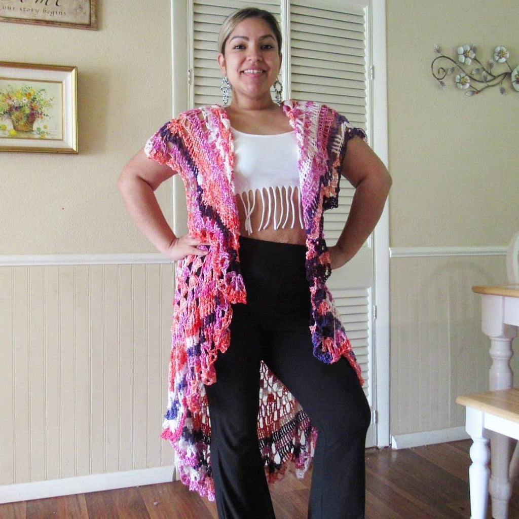 Crochet Bohemian Vest: Pink Purple Kimono Shawl