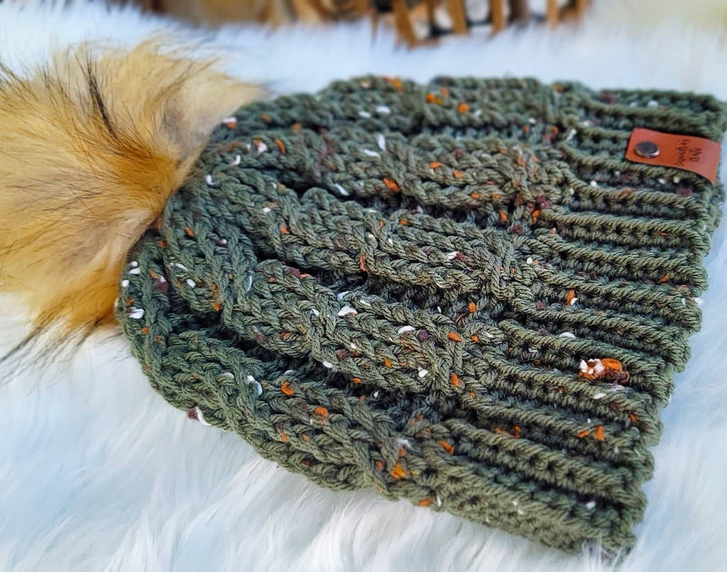 Pine Green Tweed Crochet Cable Beanie Made to Order