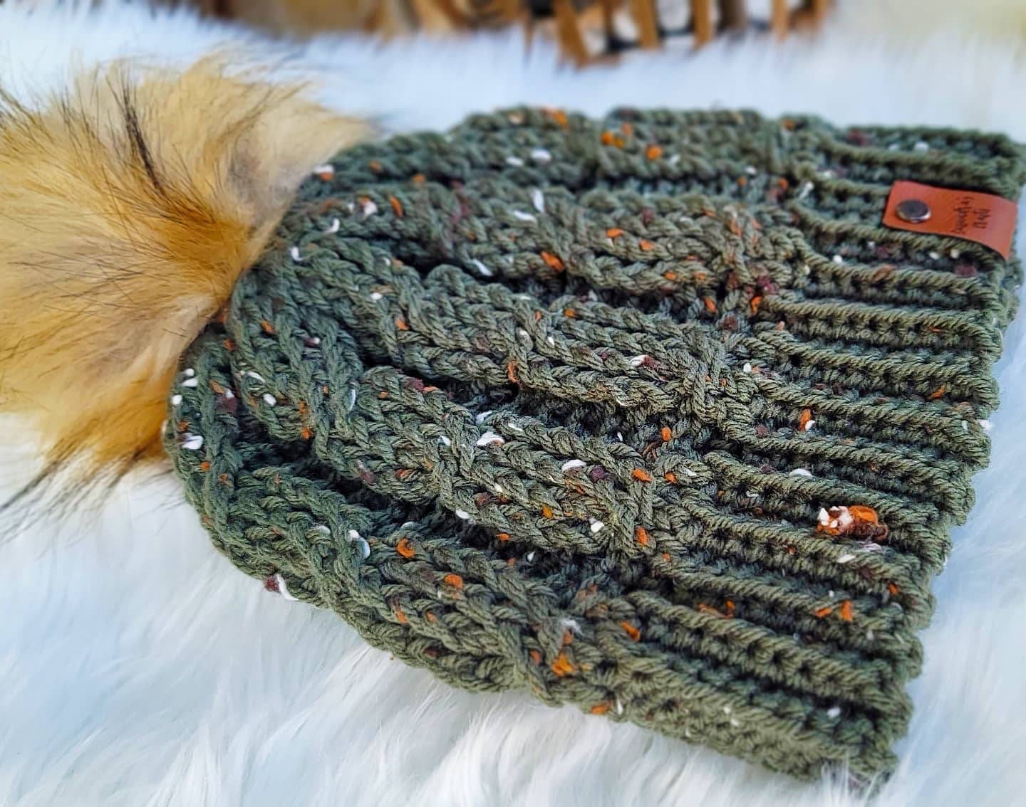 Pine Green Tweed Crochet Cable Beanie Made to Order