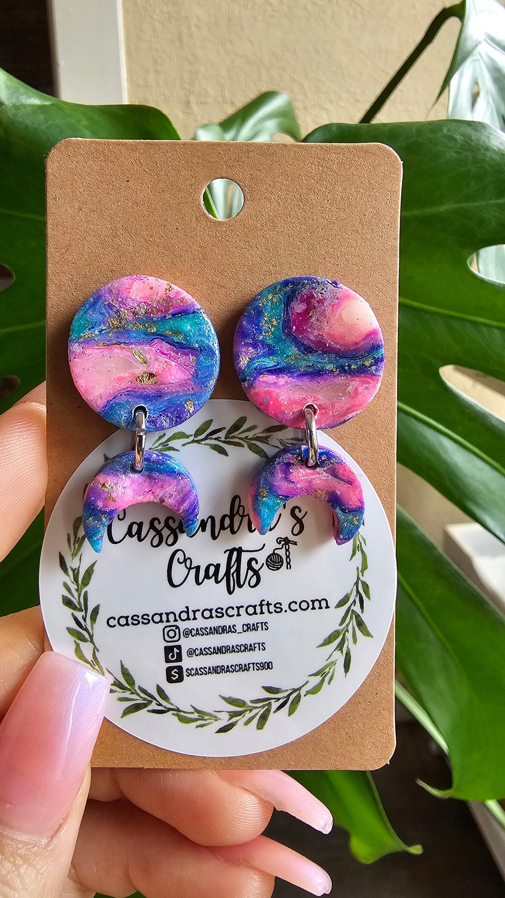 Polymer Clay Teal Pink Moon Earrings