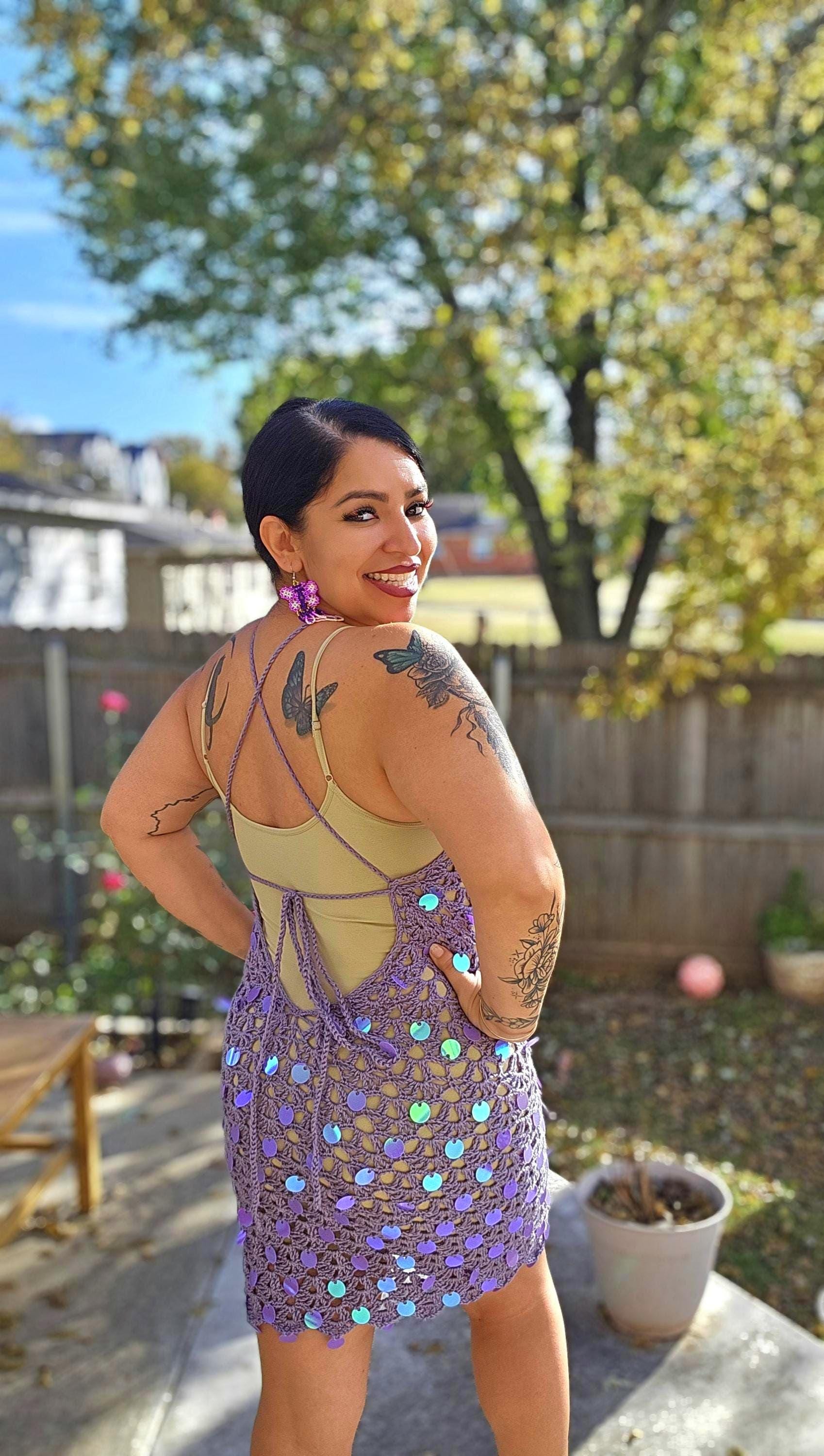 Crochet Astra Mini Dress with holographic sequins