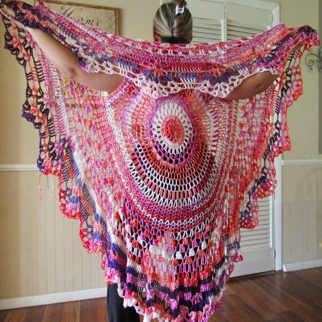 Crochet Bohemian Vest: Pink Purple Kimono Shawl