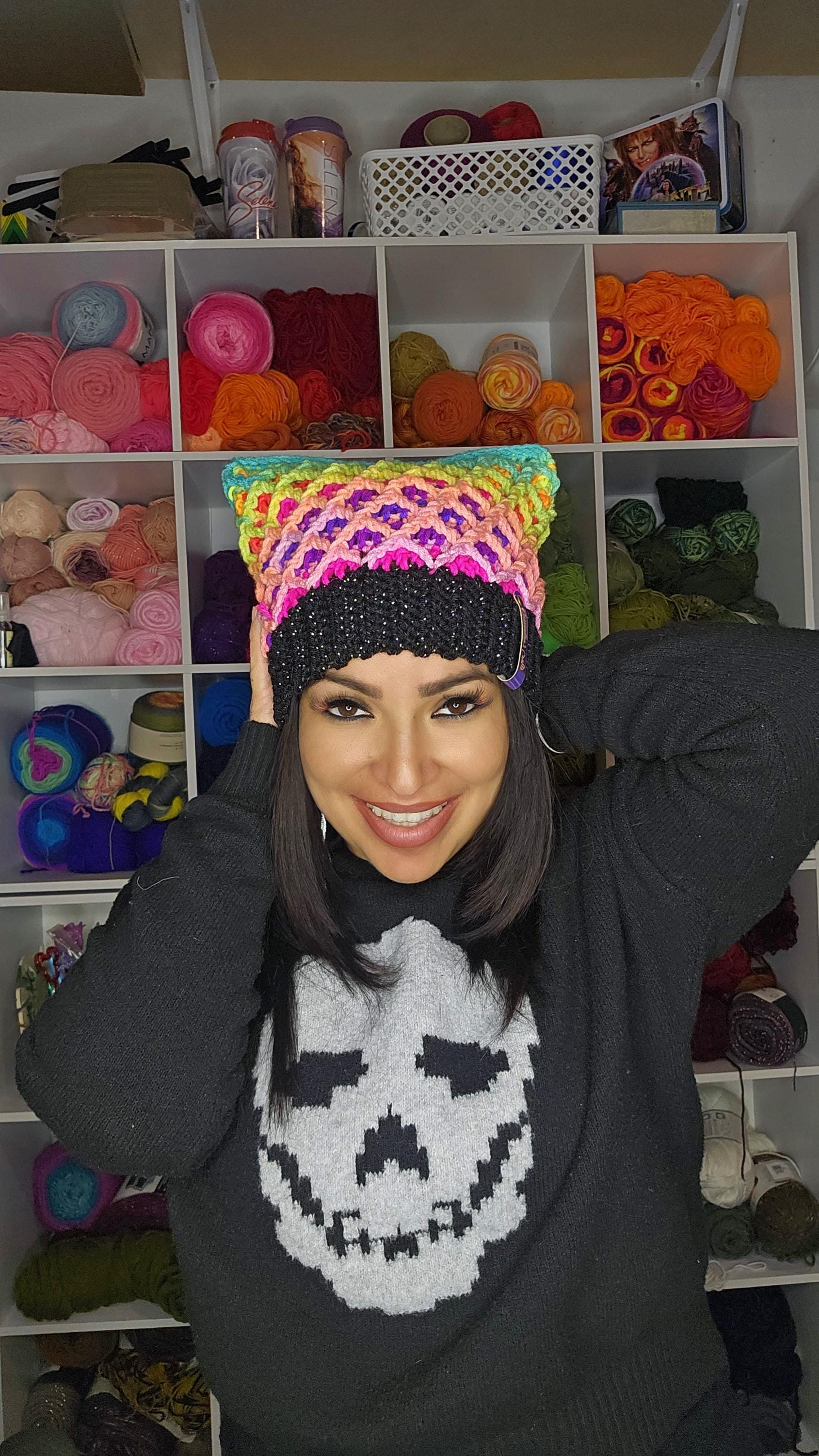 Neon Pink Kitty Beanie, Metallic Crochet Cat Hat
