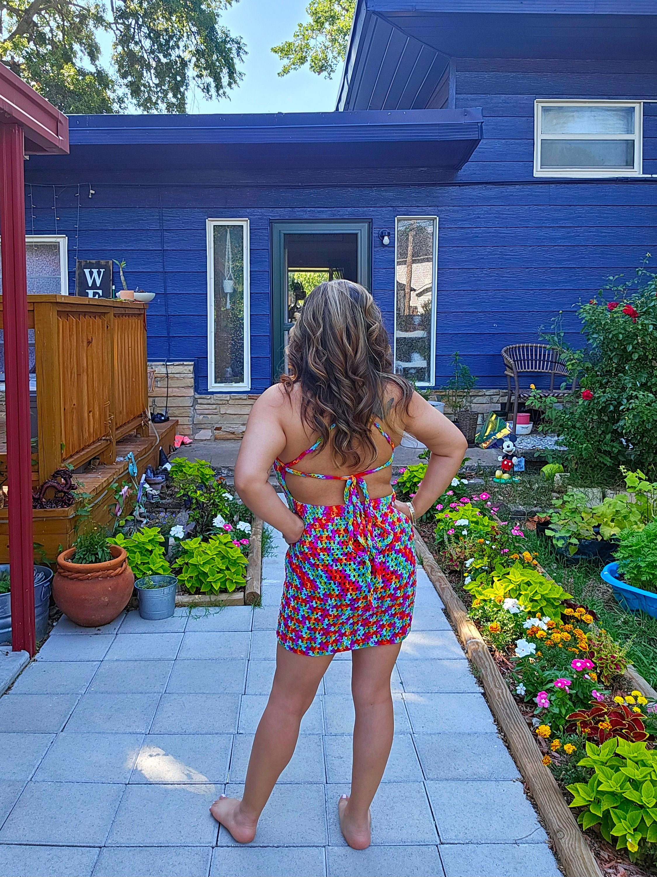 Crochet Mini Dress: Adjustable Cup Size, Acrylic Yarn