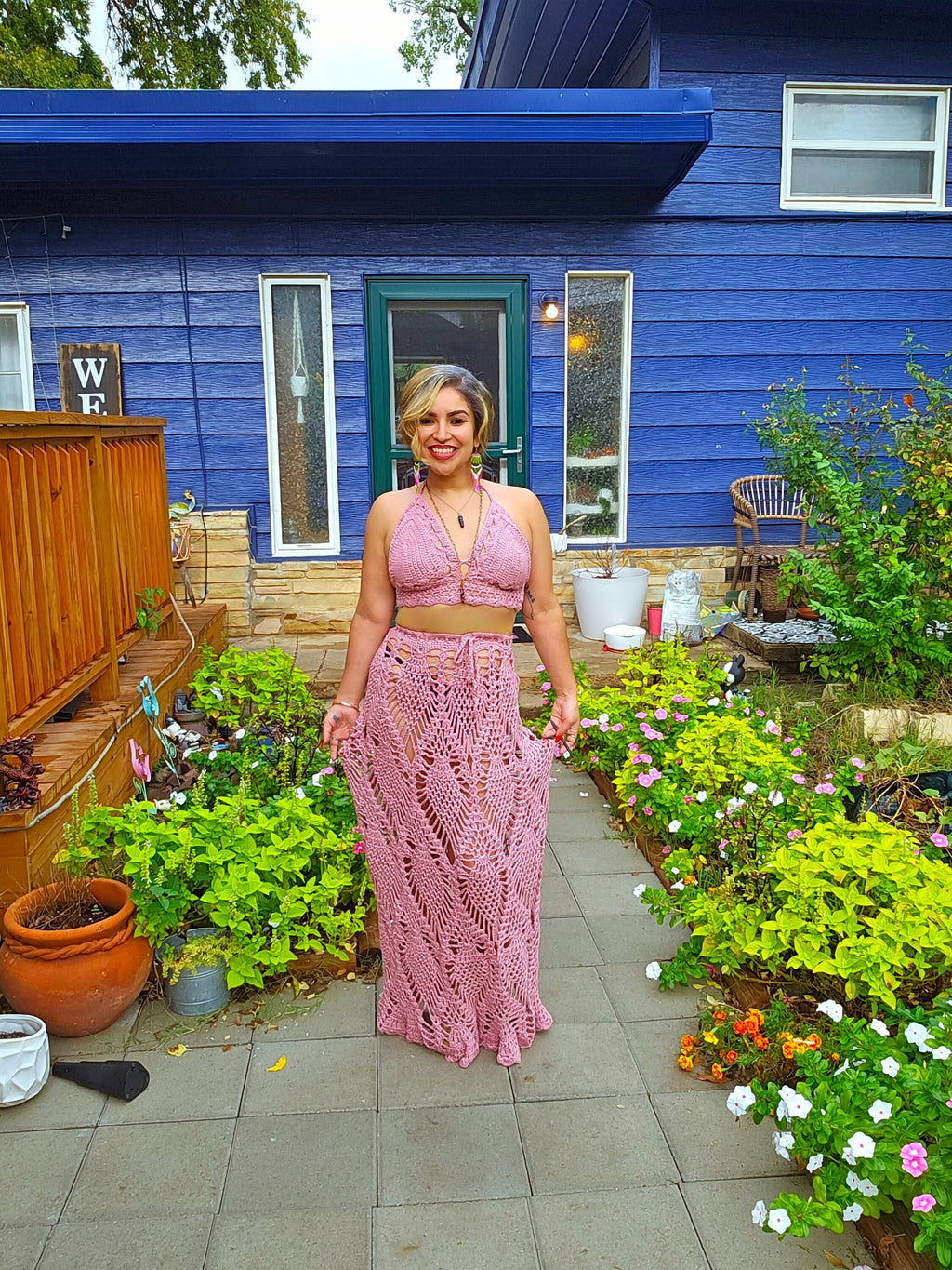 Crochet Rose Top and Skirt Set: Adjustable Cotton Knit
