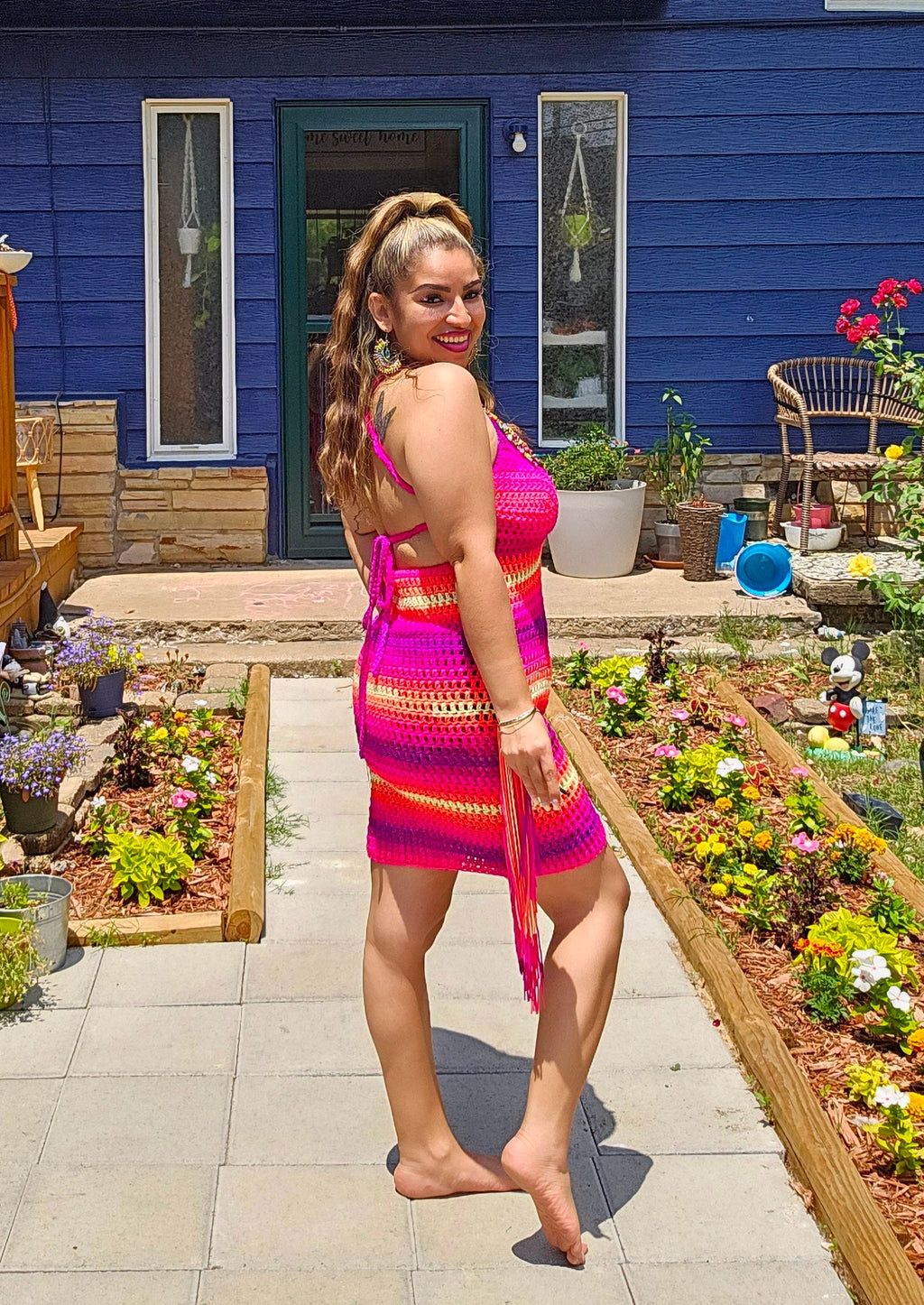 Crochet Sunset Mini Dress: Adjustable Acrylic Yarn