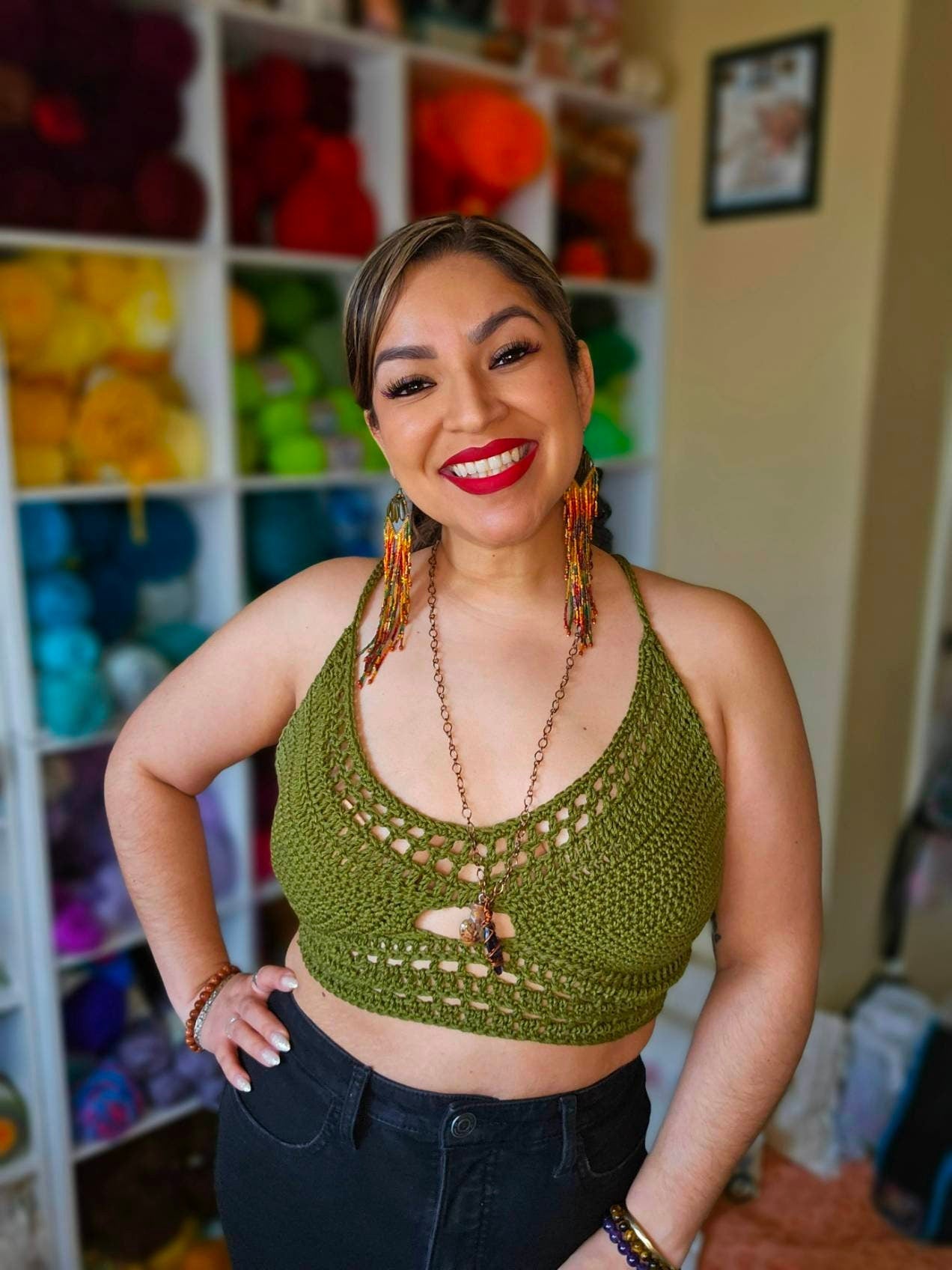 Olive Crochet Halter Top: 100% Cotton