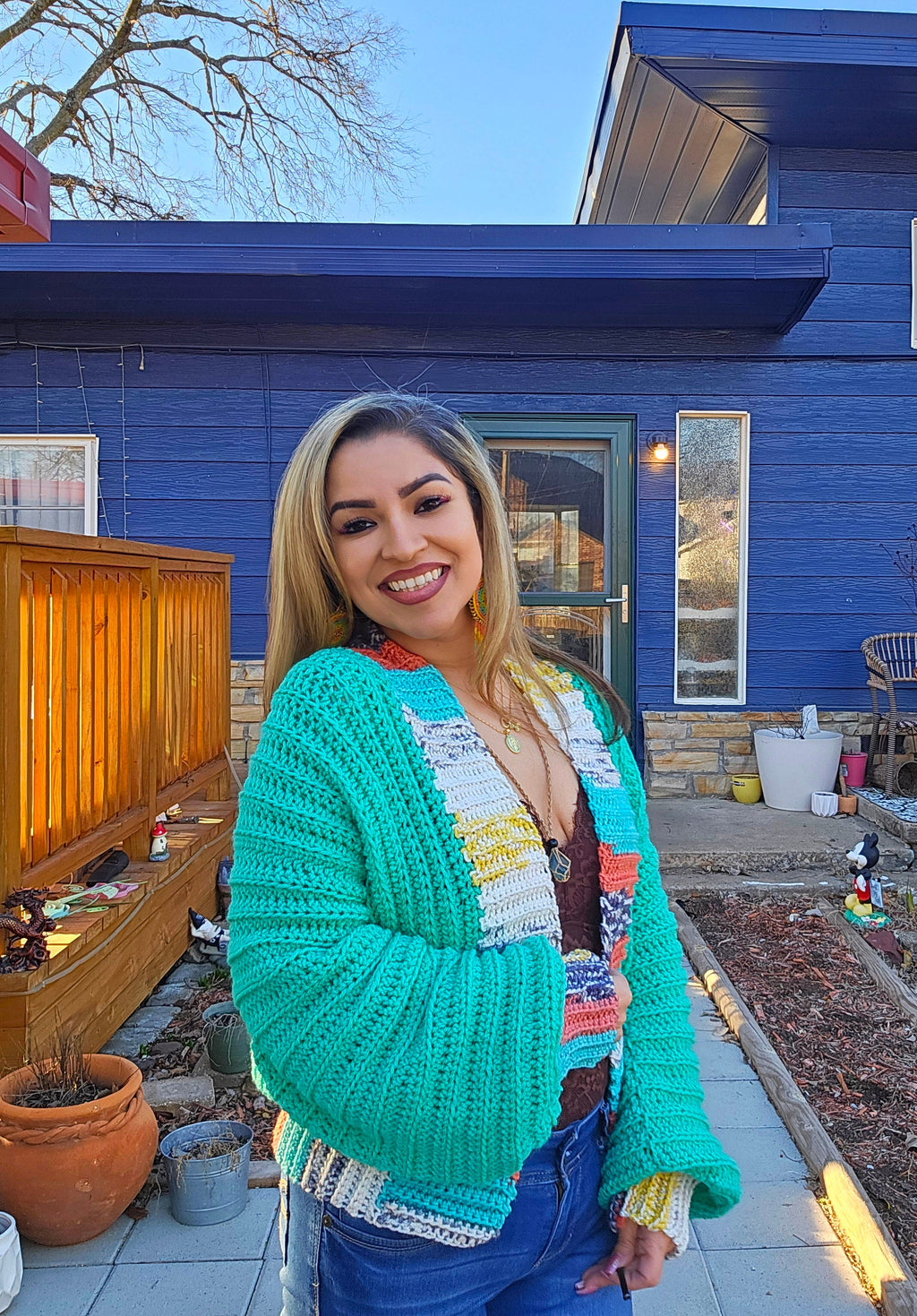 Crochet Love Cardigan Mini Jacket: Jade Green, Multicolor Border (Large)