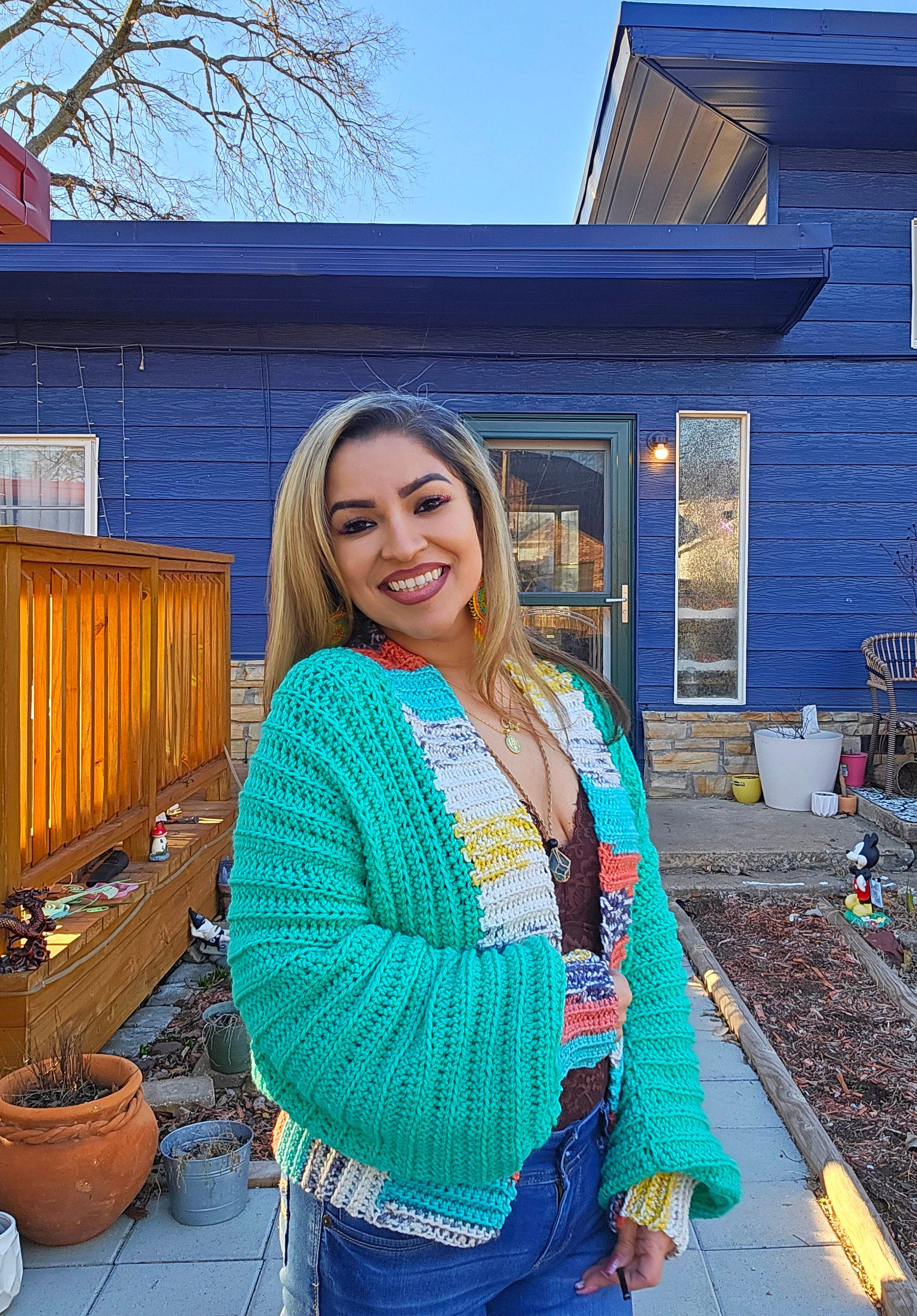 Crochet Love Cardigan Mini Jacket: Jade Green, Multicolor Border (Large)