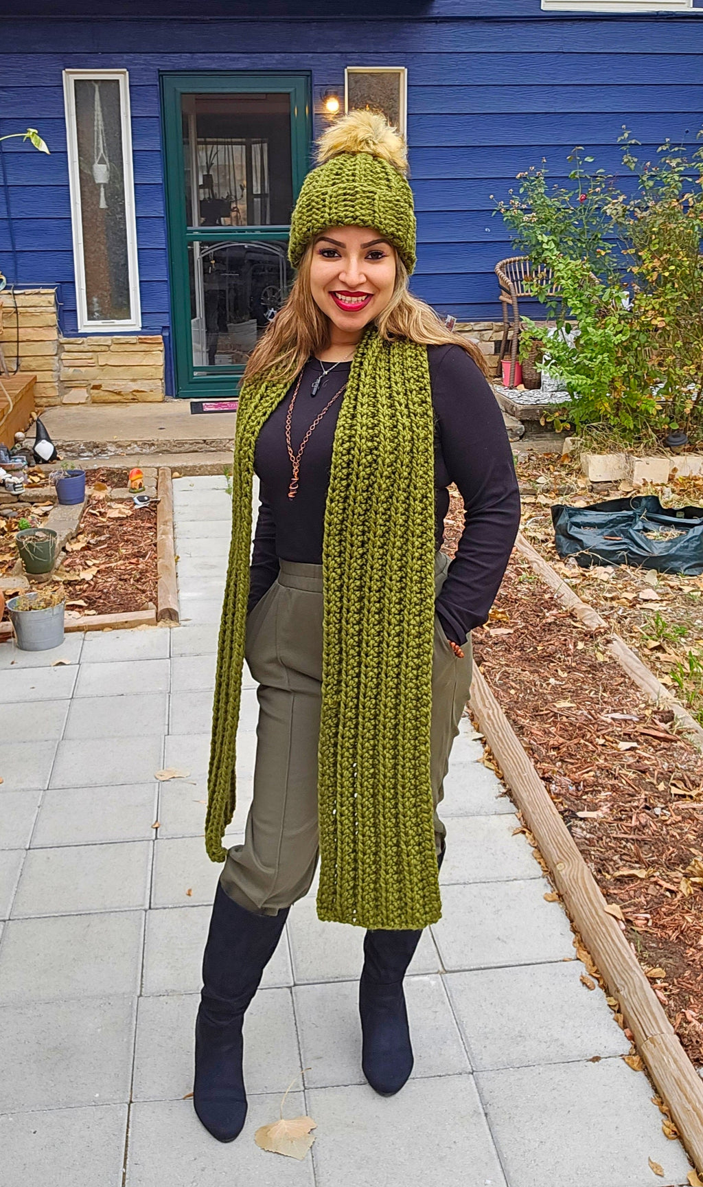 Chunky Crochet Scarf and Matching Beanie with Acrylic Pom