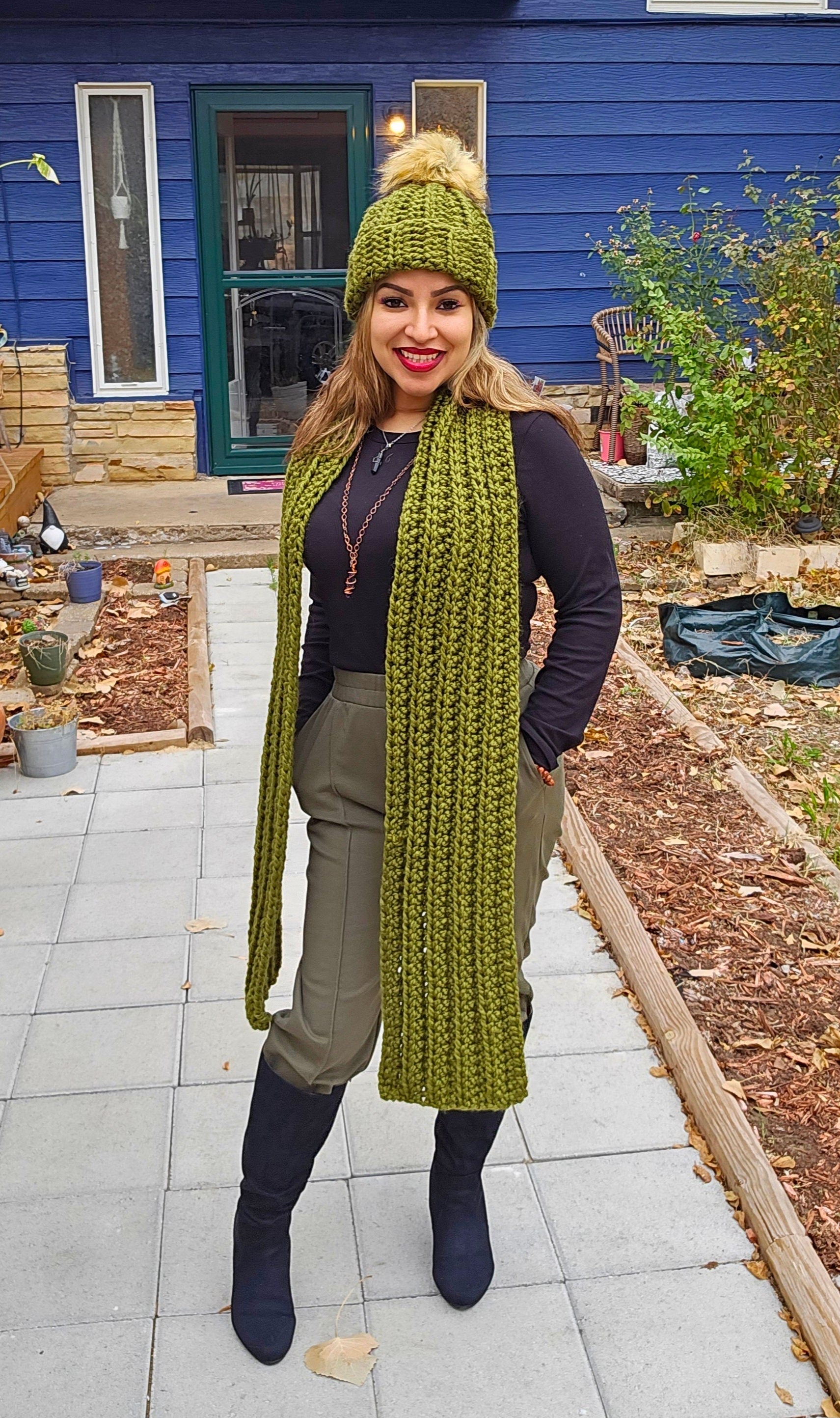 Chunky Crochet Scarf and Matching Beanie with Acrylic Pom