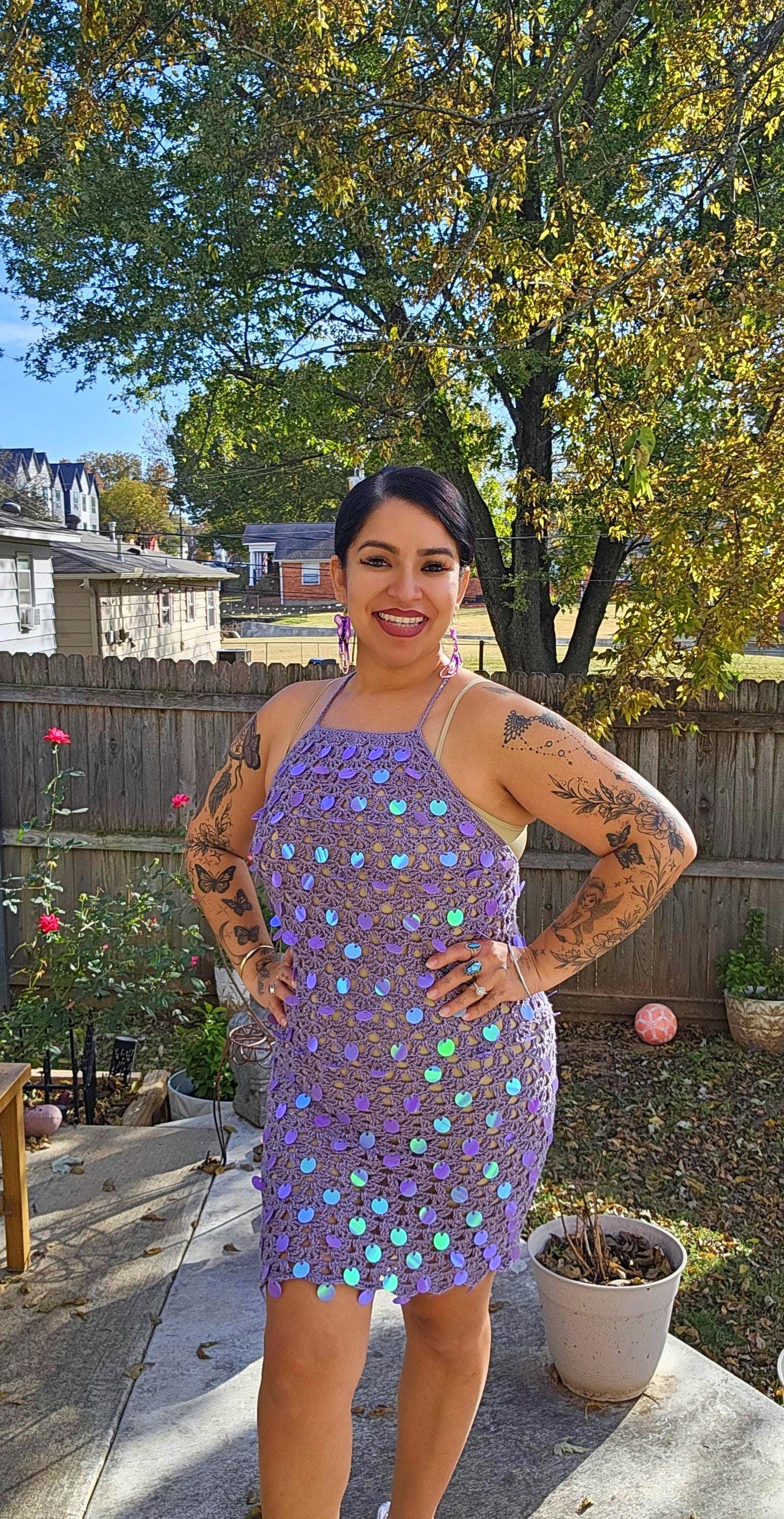 Crochet Astra Mini Dress with holographic sequins