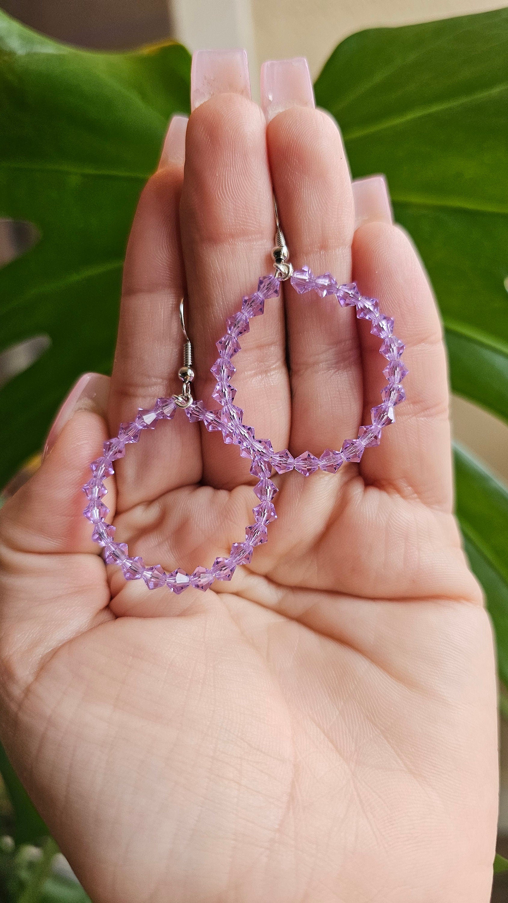 Czech Glass Lavender Beaded Hoop Earrings
