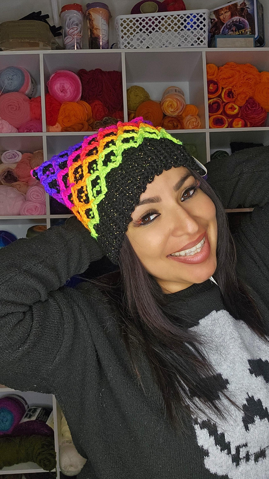 Neon Kitty Beanie, Metallic Acrylic Yarn Hat