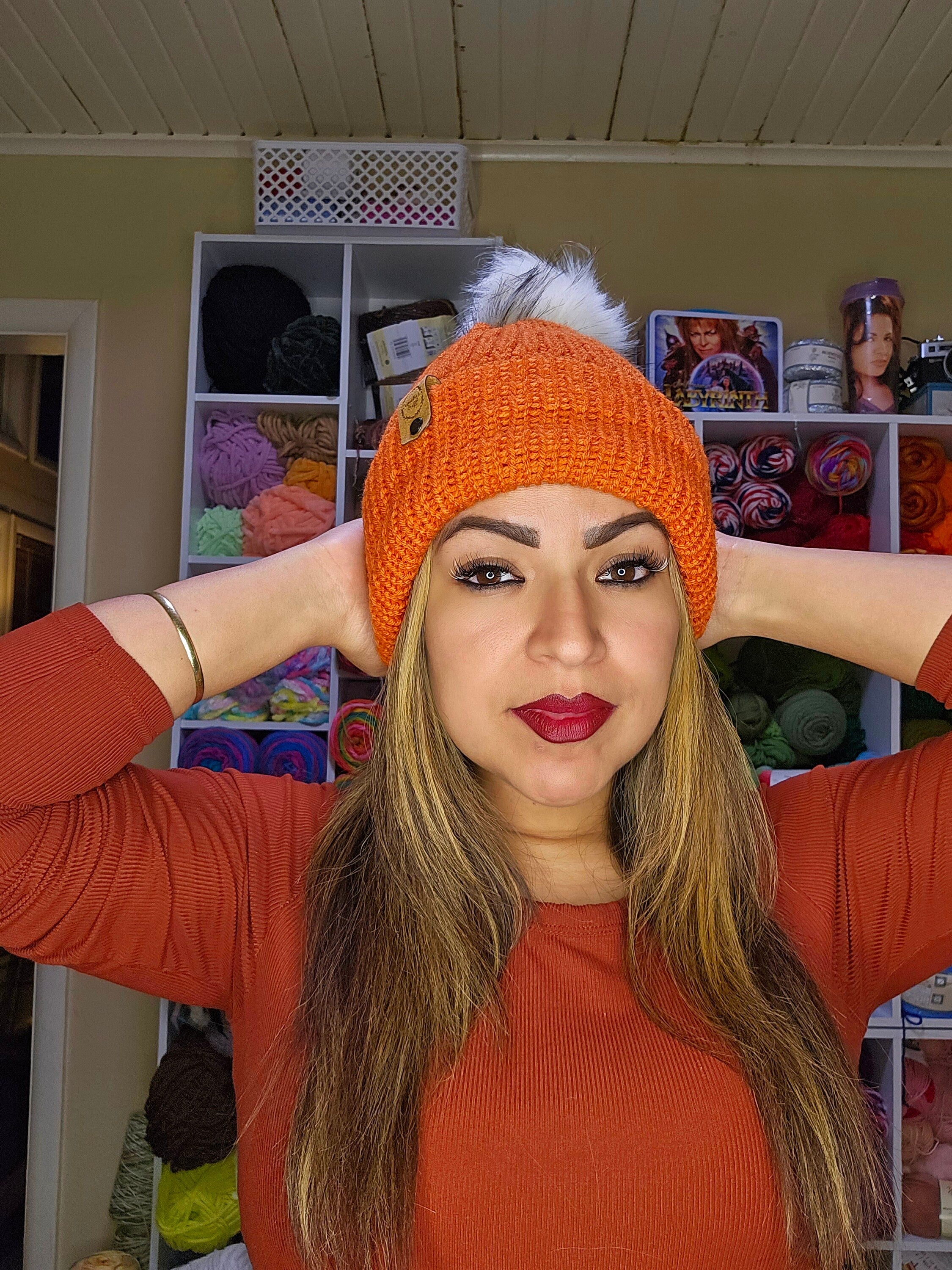 Knit Carrot Beanie: Burnt Orange Acrylic Pom Pom Hat