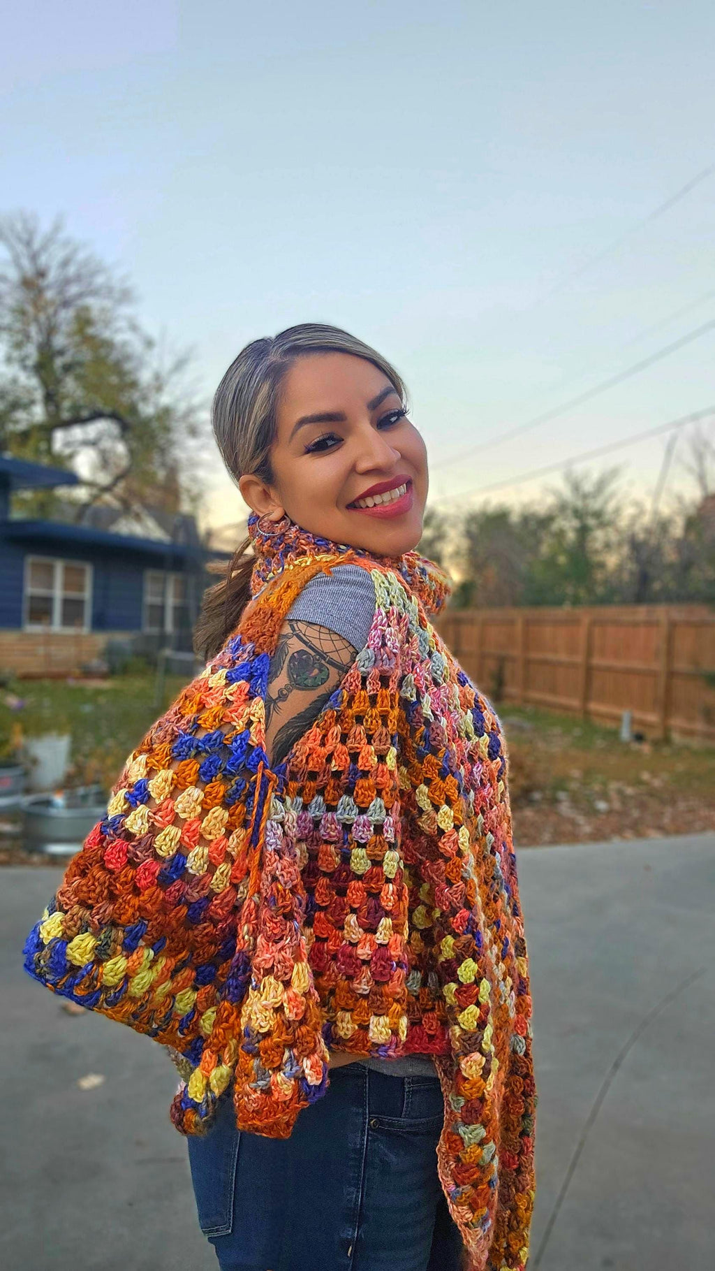 Crochet Open Shoulder Poncho: Orange Spice Fall Colors, M/L