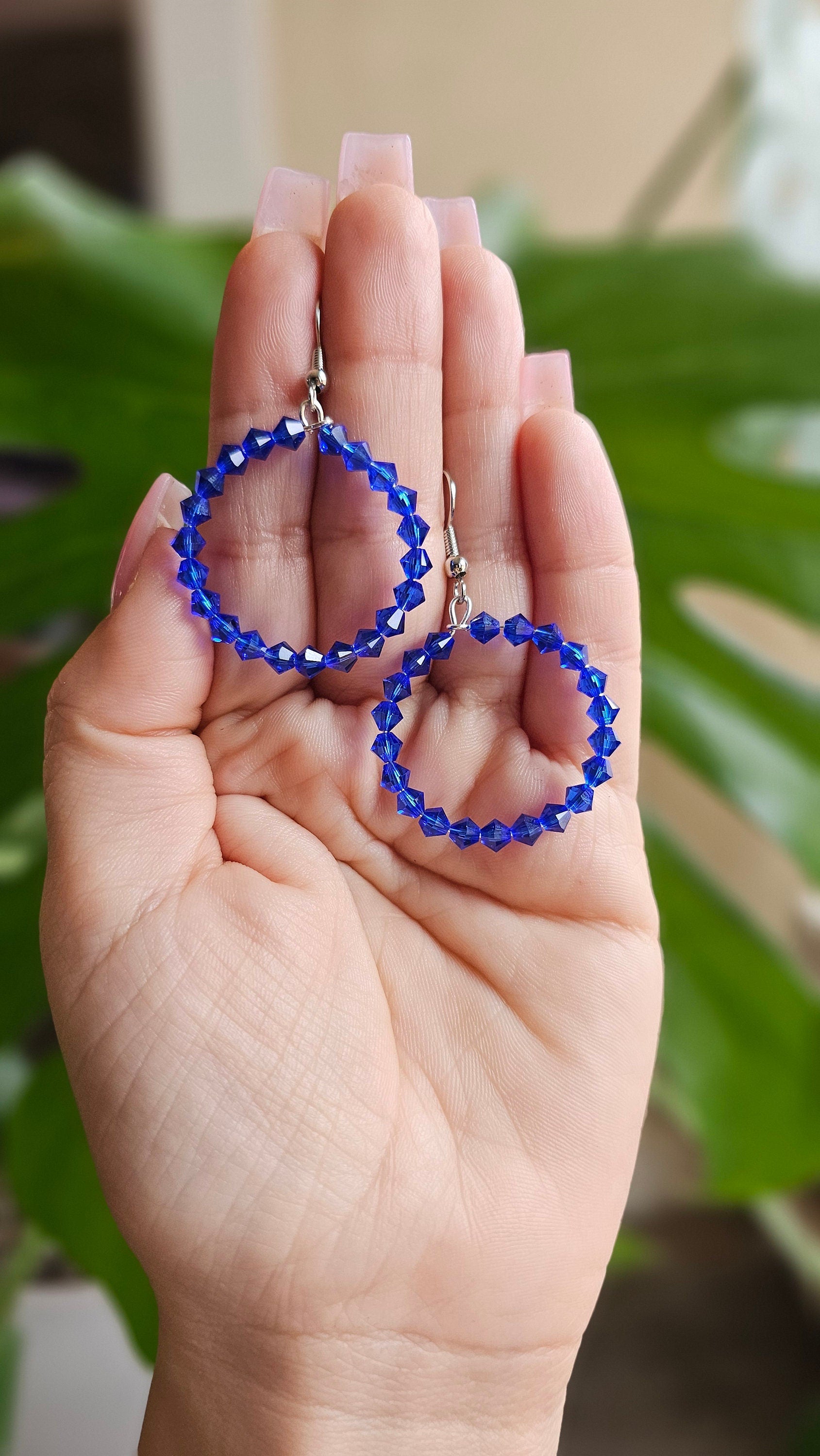 Czech Glass Blue Beaded Hoop Earrings