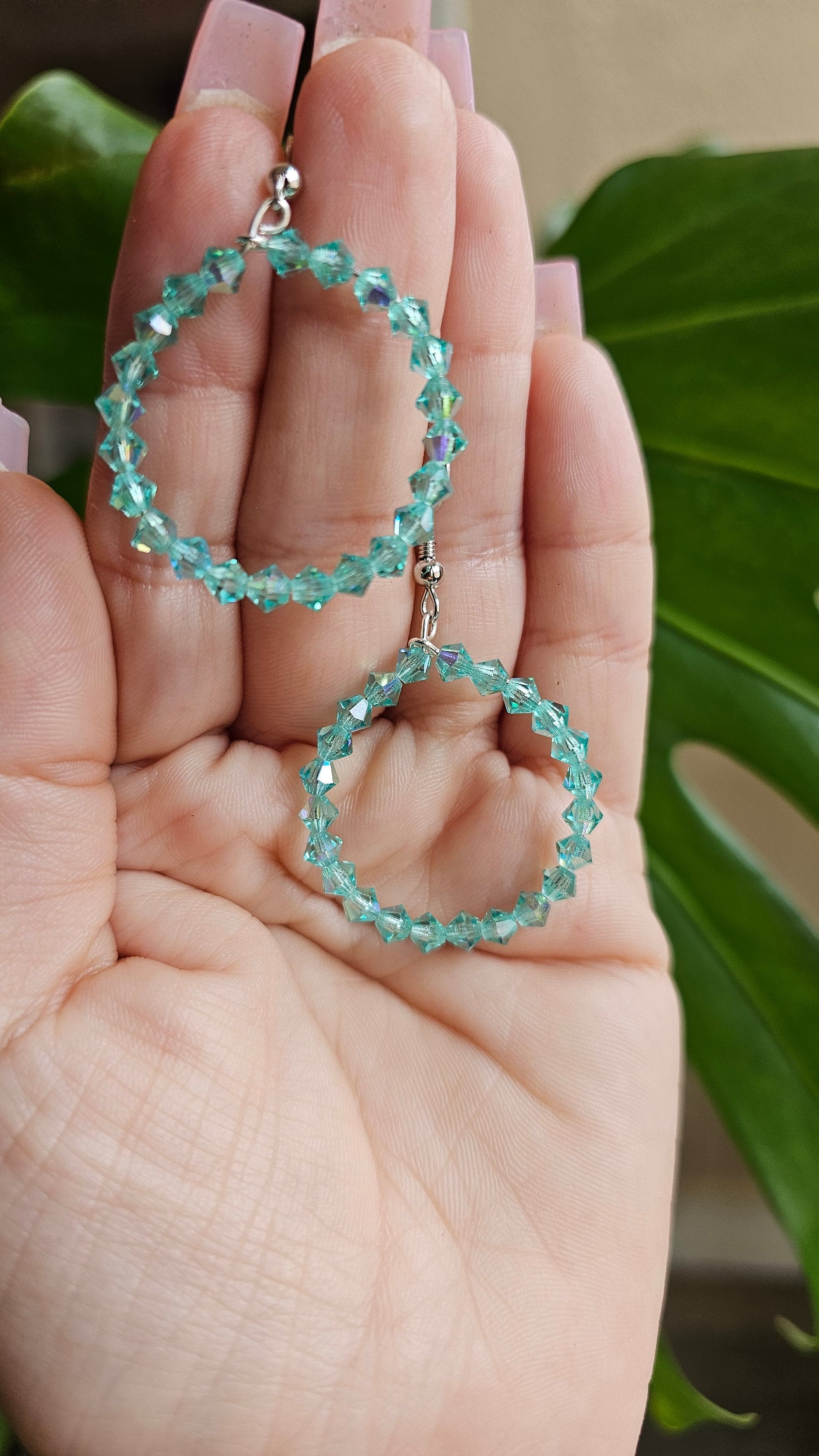 Czech Glass Iridescent Turquoise Beaded Hoop Earrings