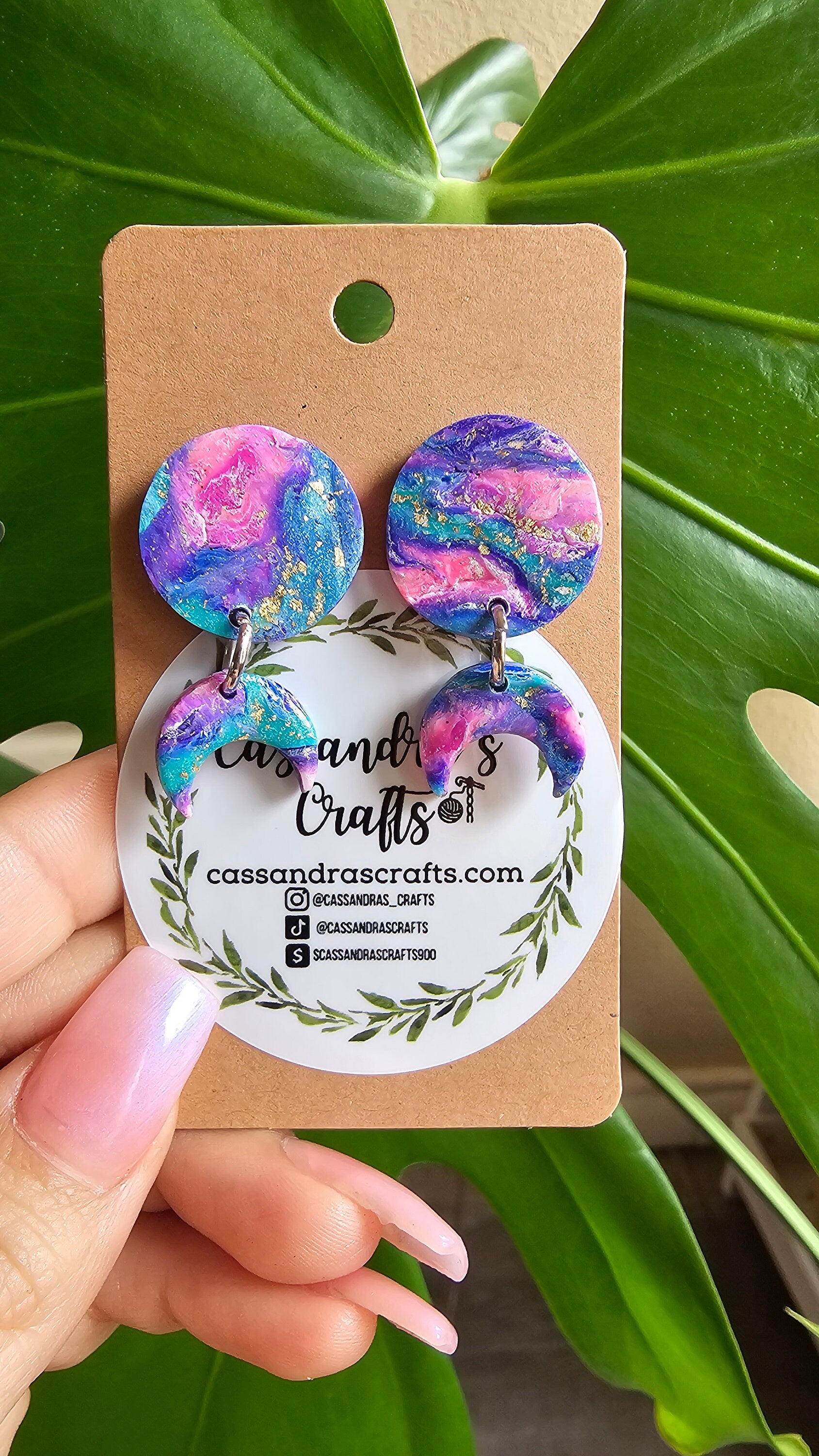 Polymer Clay Teal Pink Moon Earrings